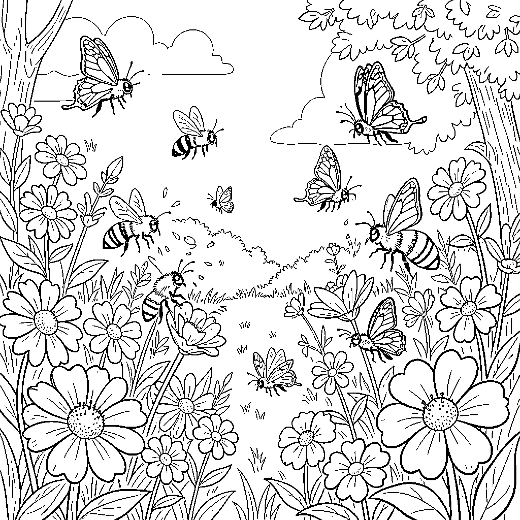 Animal Butterflies and Bees in Floral Garden Coloring Page (free black-and-white line drawing printable PDF for all, from beginners to advanced learners, including children, teens, adults, and seniors)