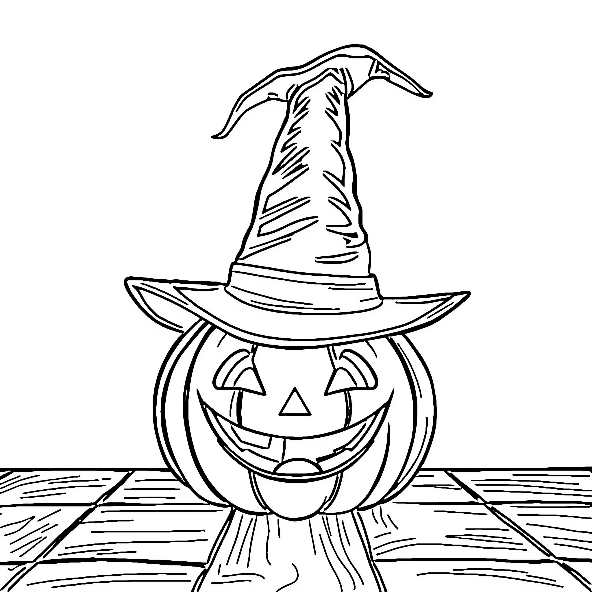 Jack-o'-lantern wearing a witch's hat Coloring Page (free black-and-white line drawing printable PDF for all, from beginners to advanced learners, including children, teens, adults, and seniors)