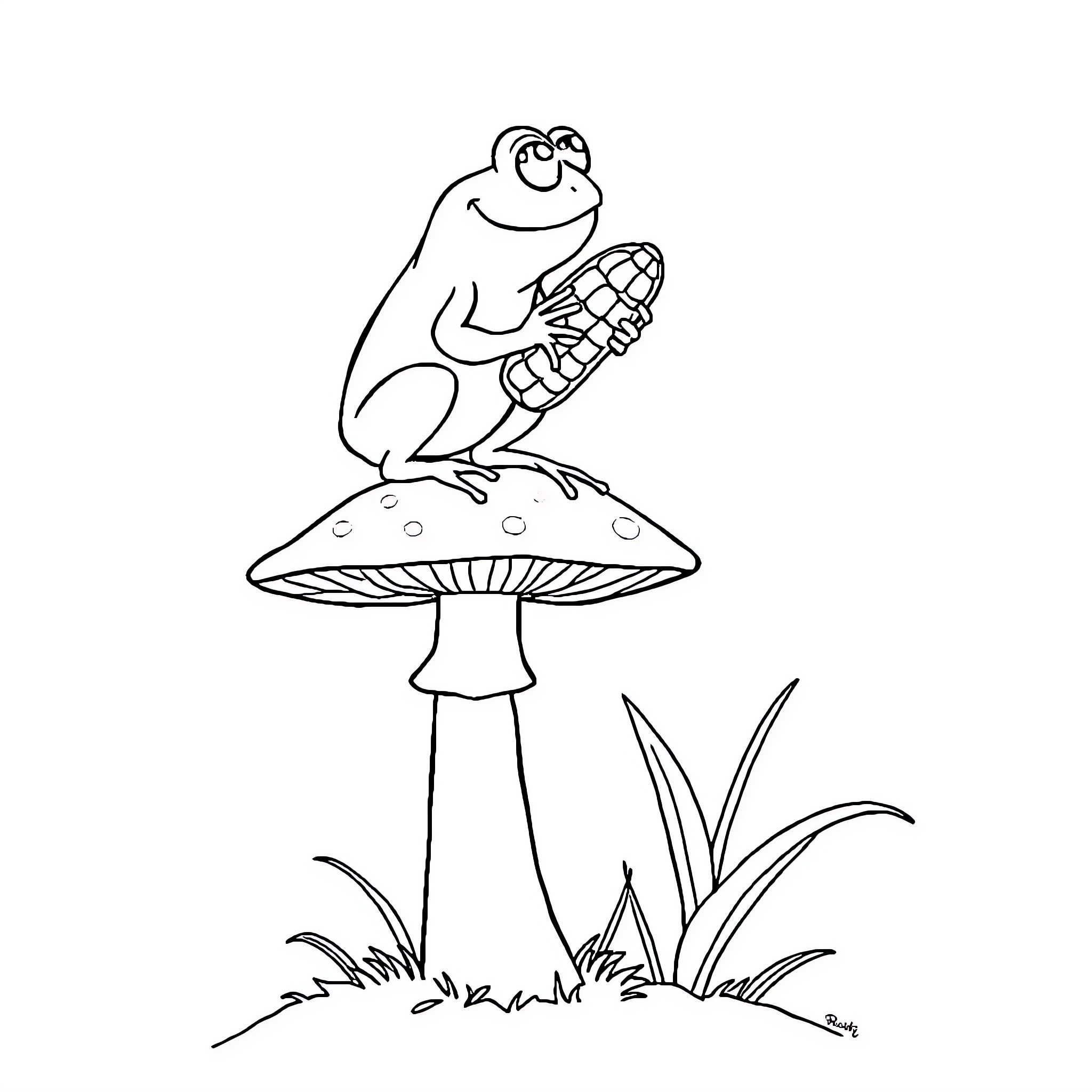 Frog sitting happily on mushroom Coloring Page (free black-and-white line drawing printable PDF for all, from beginners to advanced learners, including children, teens, adults, and seniors)