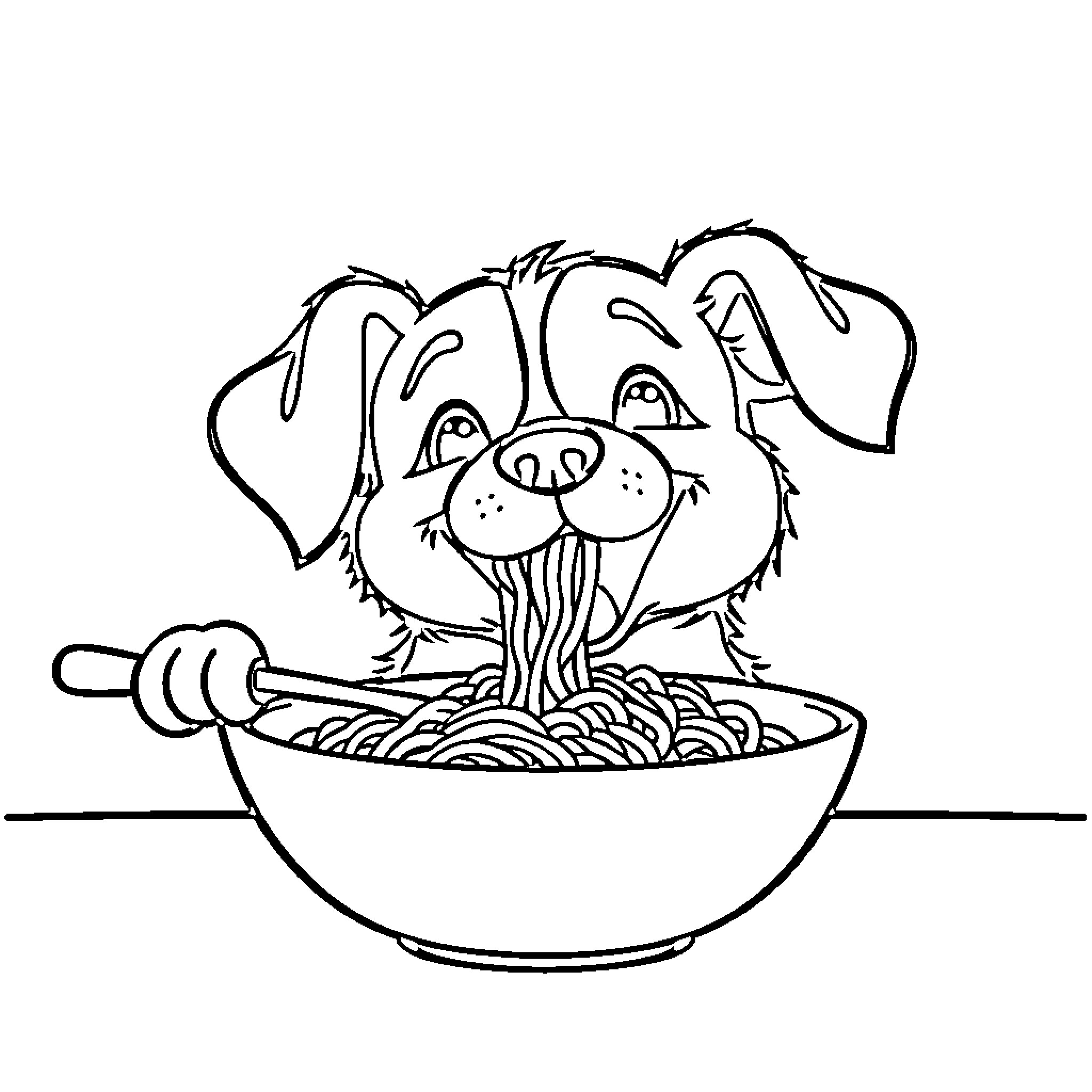 Dog enjoying a bowl of spaghetti Coloring Page (free black-and-white line drawing printable PDF for all, from beginners to advanced learners, including children, teens, adults, and seniors)