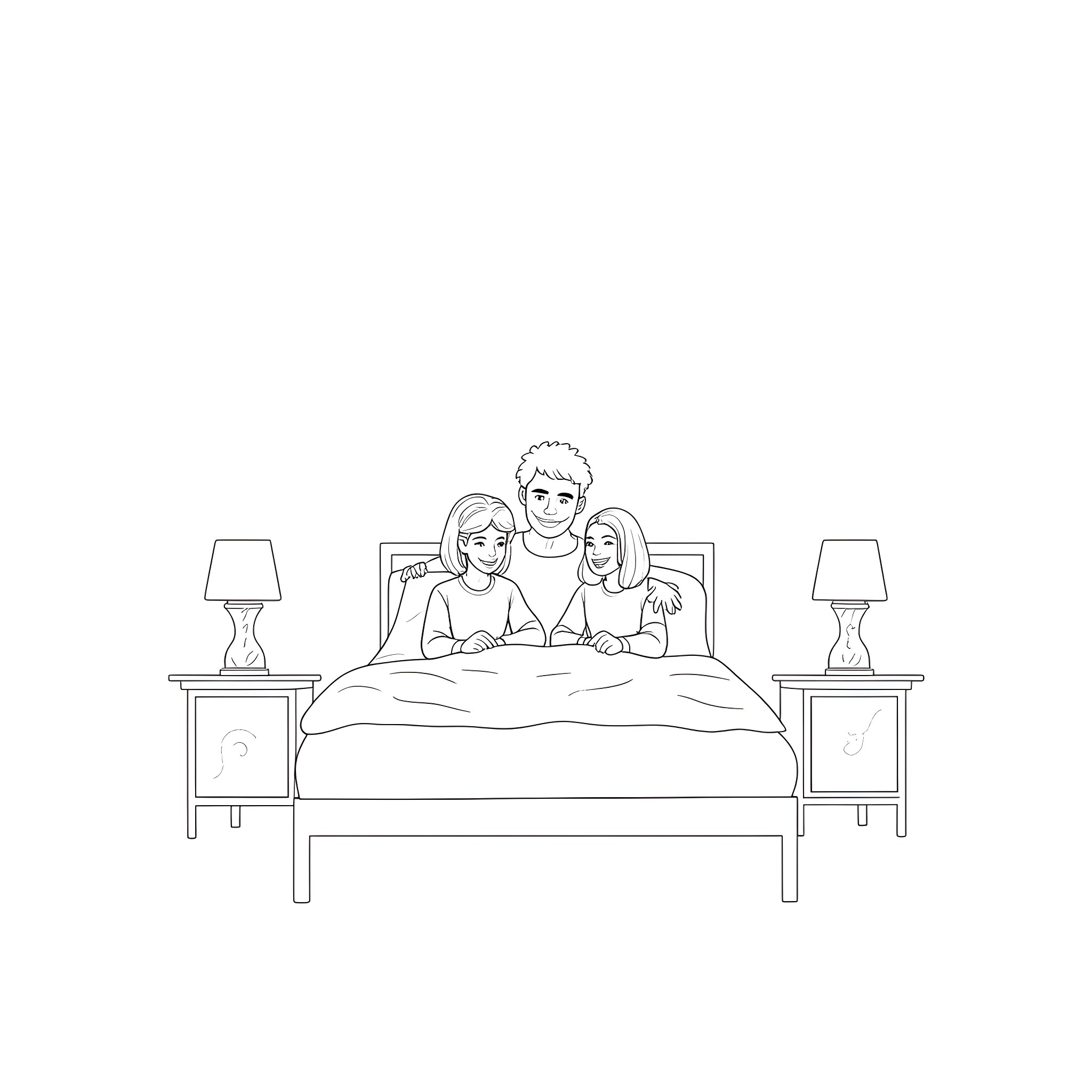 Bedroom scene with family reading together Coloring Page (free black-and-white line drawing printable PDF for all, from beginners to advanced learners, including children, teens, adults, and seniors)