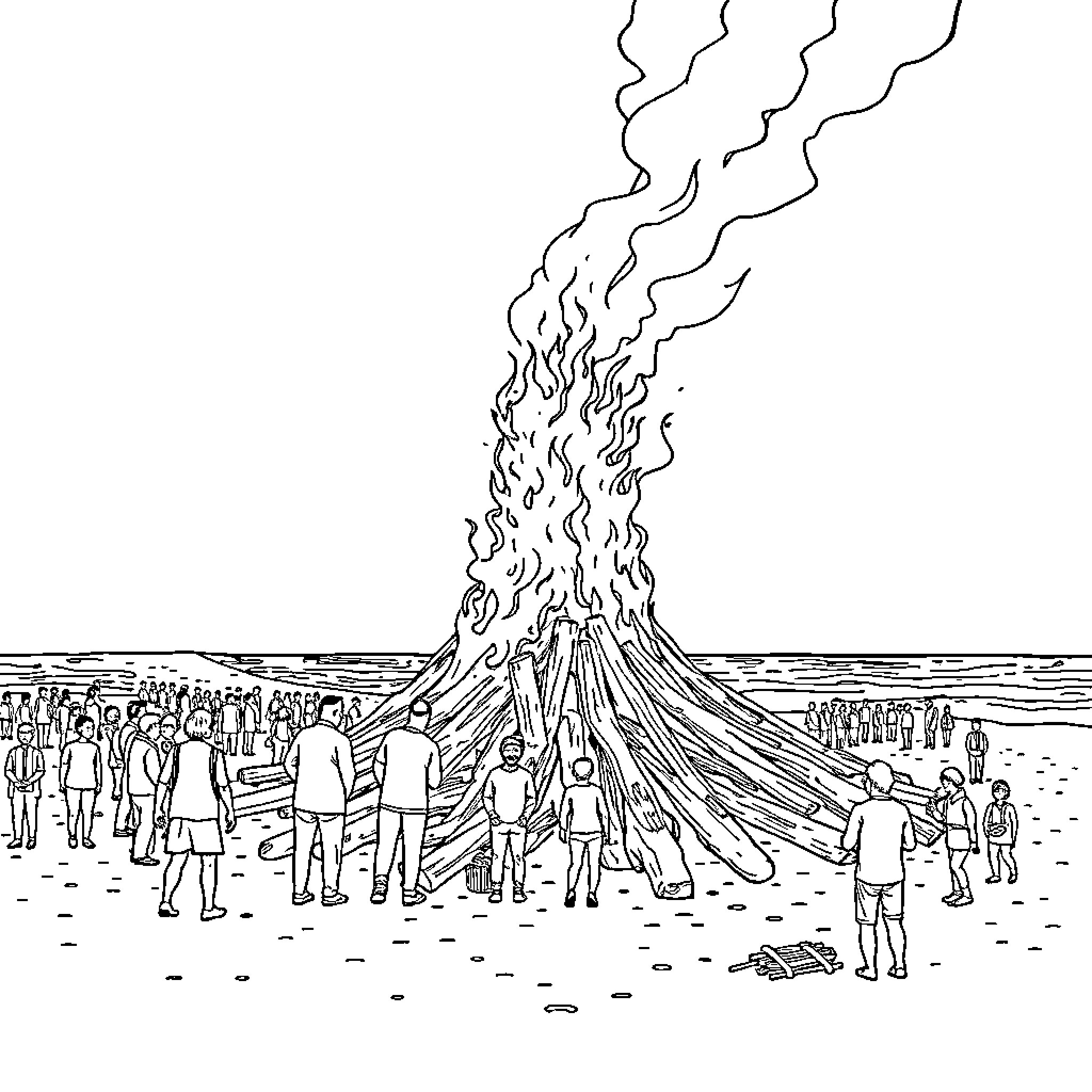 Bonfire gathering with people watching the flames Coloring Page (free black-and-white line drawing printable PDF for all, from beginners to advanced learners, including children, teens, adults, and seniors)