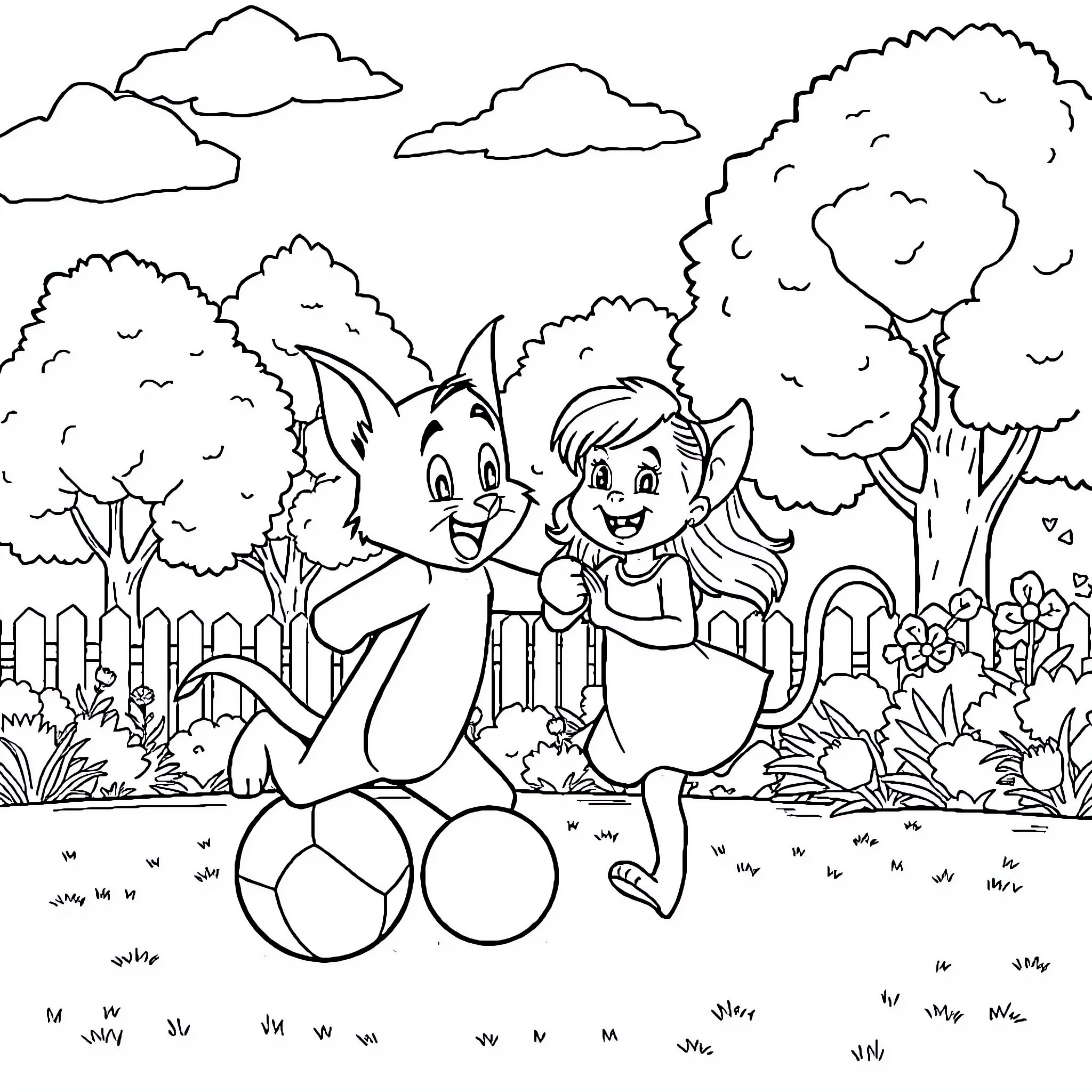 Tom and Angela playing with a ball in the park Coloring Page (free black-and-white line drawing printable PDF for all, from beginners to advanced learners, including children, teens, adults, and seniors)