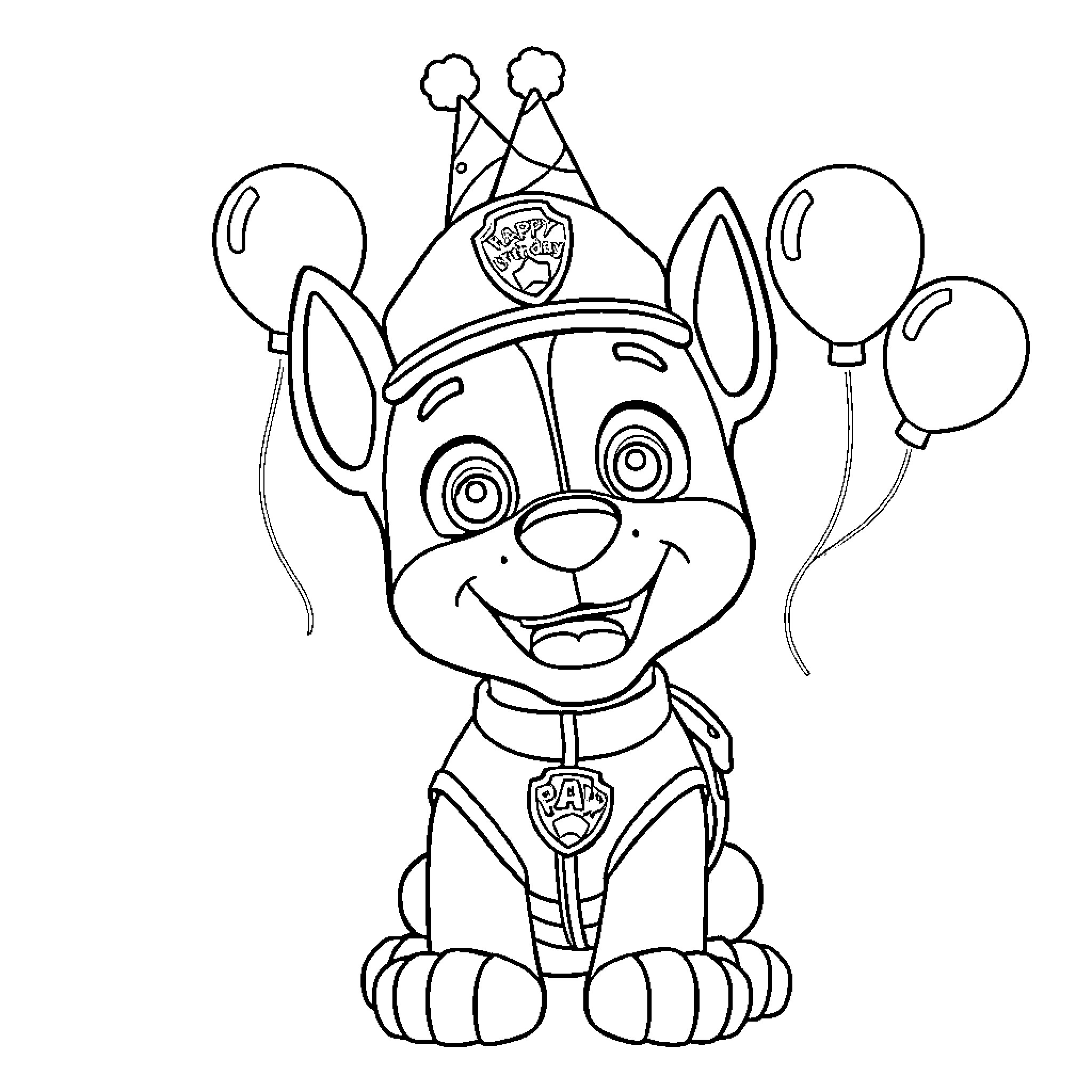 Paw Patrol Dog in Celebration Outfit with Balloons Coloring Page (free black-and-white line drawing printable PDF for all, from beginners to advanced learners, including children, teens, adults, and seniors)