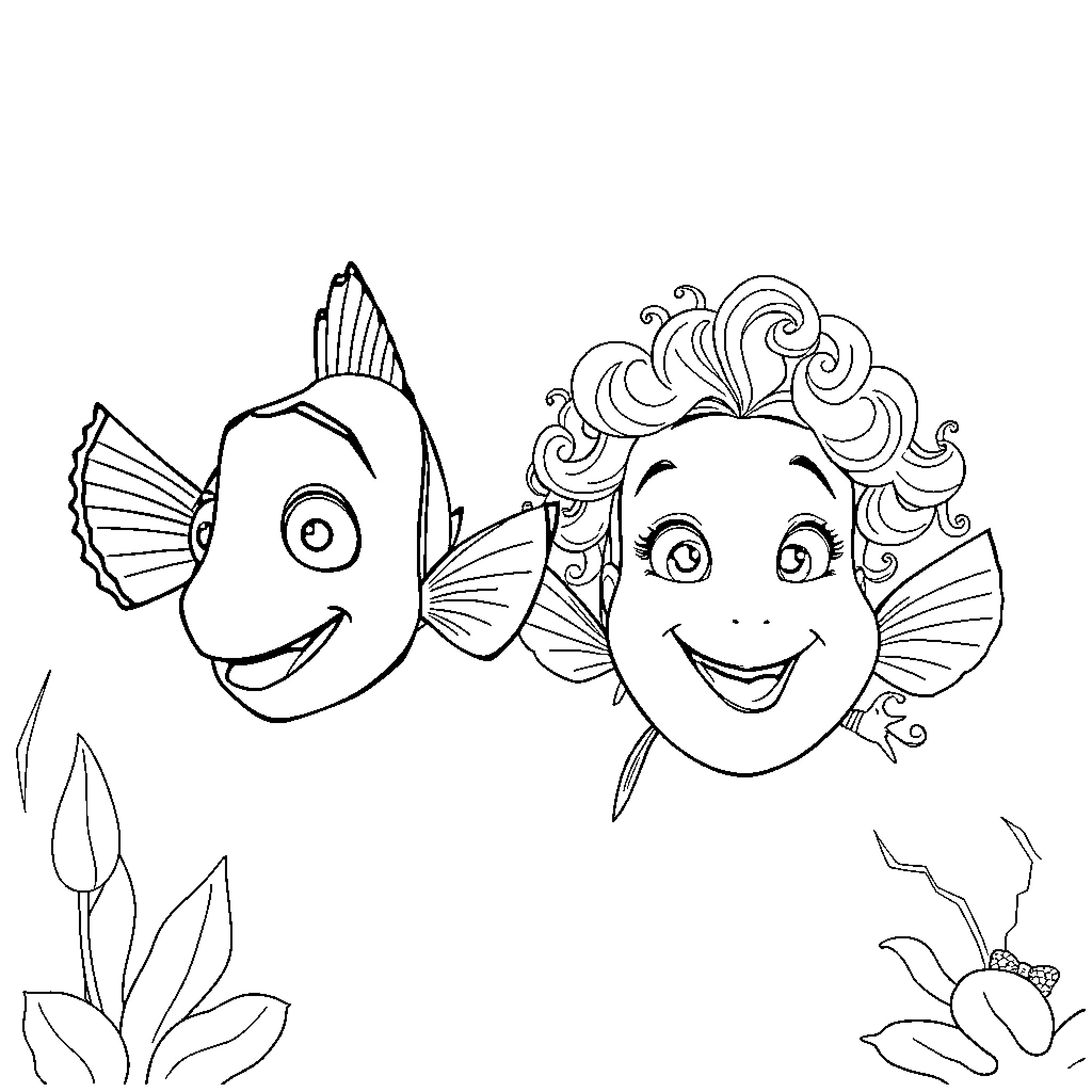 Nemo and his friend exploring the underwater world Coloring Page (free black-and-white line drawing printable PDF for all, from beginners to advanced learners, including children, teens, adults, and seniors)