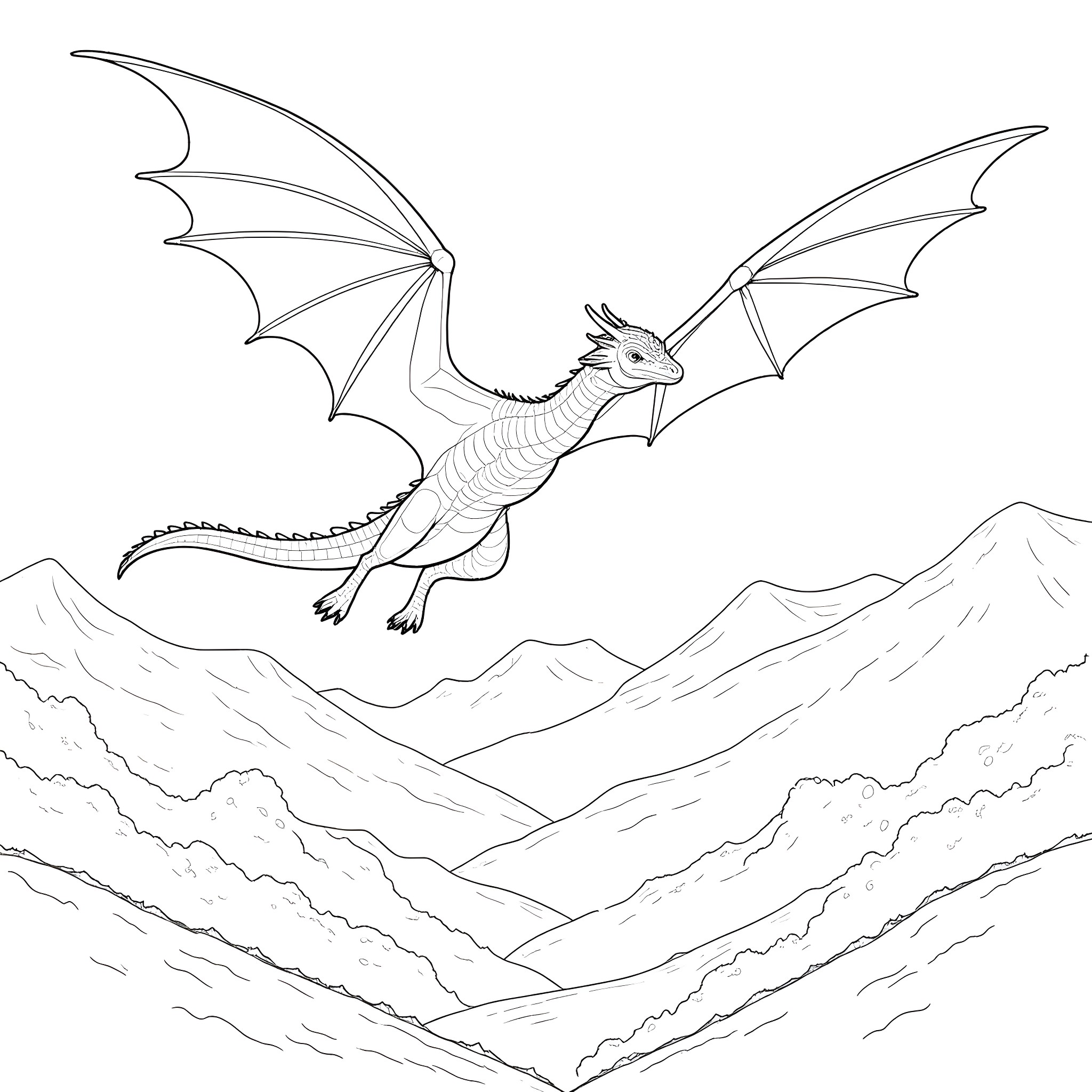Dragon flying gracefully over the mountains Coloring Page (free black-and-white line drawing printable PDF for all, from beginners to advanced learners, including children, teens, adults, and seniors)