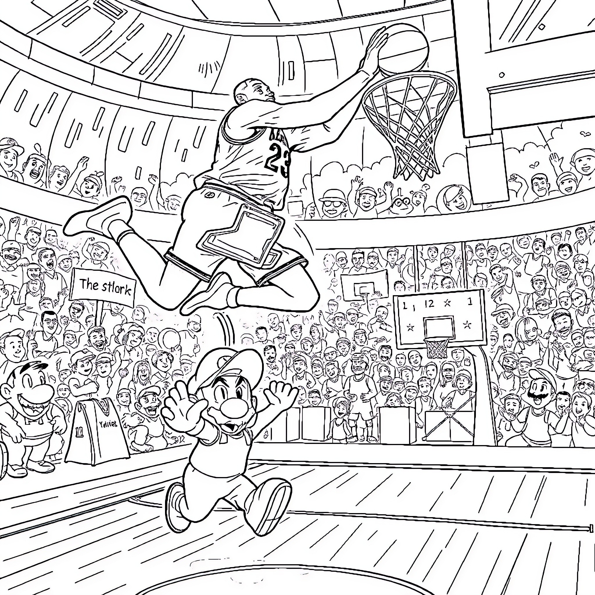 LeBron James Dominates Basketball Game with Crowd Cheering Coloring Page (free black-and-white line drawing printable PDF for all, from beginners to advanced learners, including children, teens, adults, and seniors)