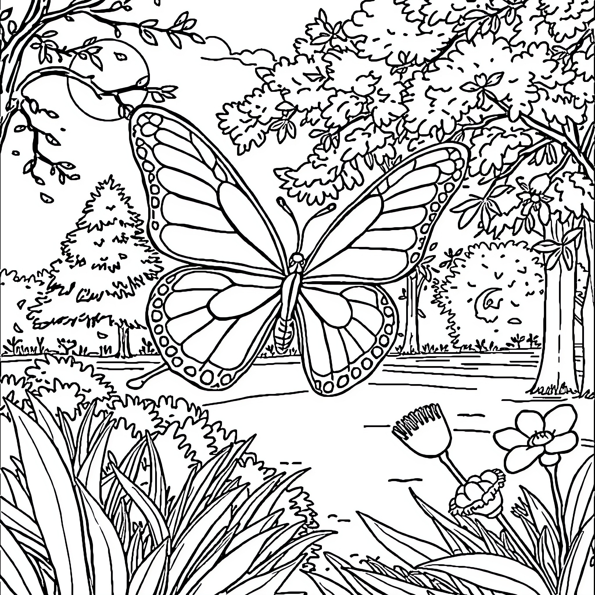 Butterfly resting in a lush garden Coloring Page (free black-and-white line drawing printable PDF for all, from beginners to advanced learners, including children, teens, adults, and seniors)