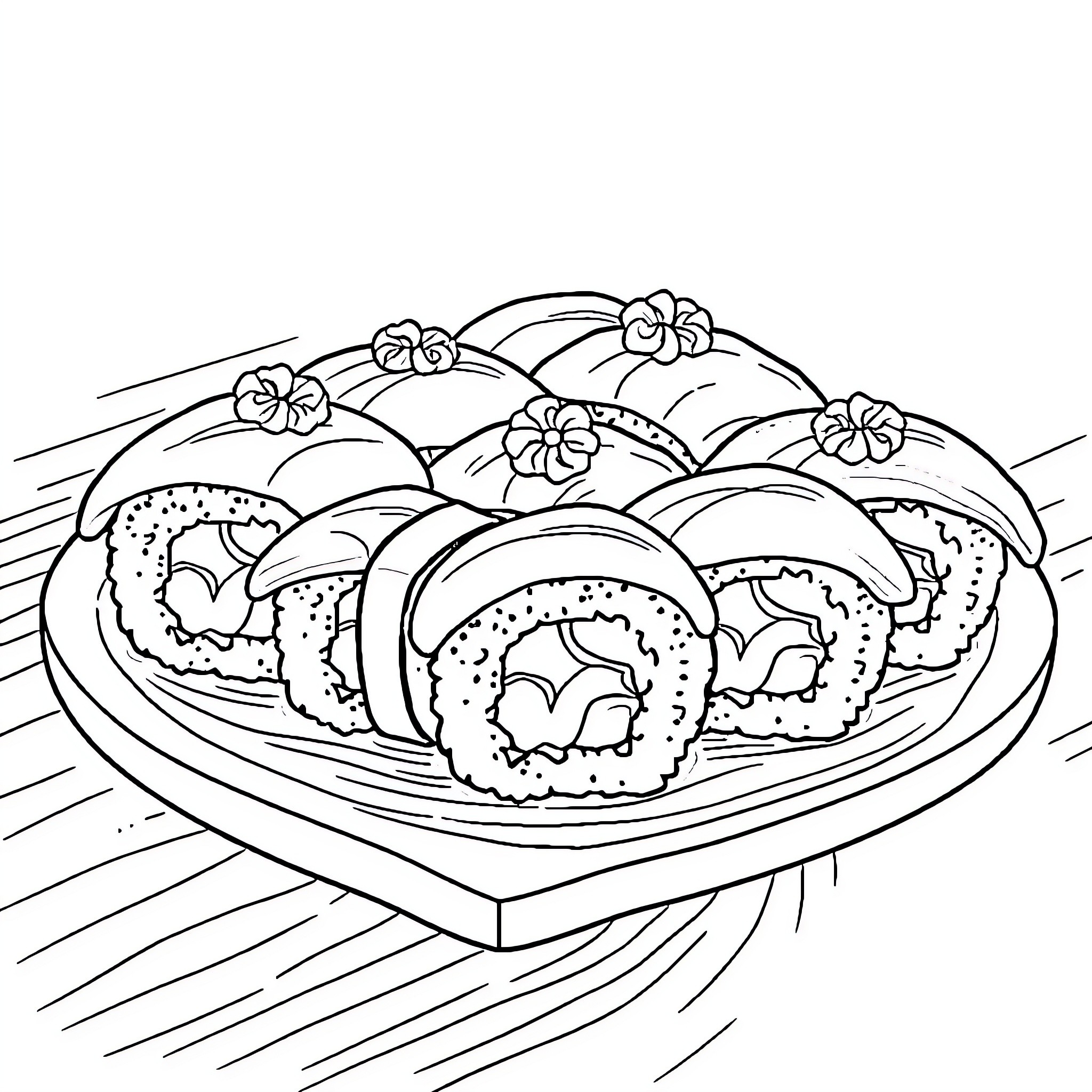 Sushi platter with decorative flowers Coloring Page (free black-and-white line drawing printable PDF for all, from beginners to advanced learners, including children, teens, adults, and seniors)
