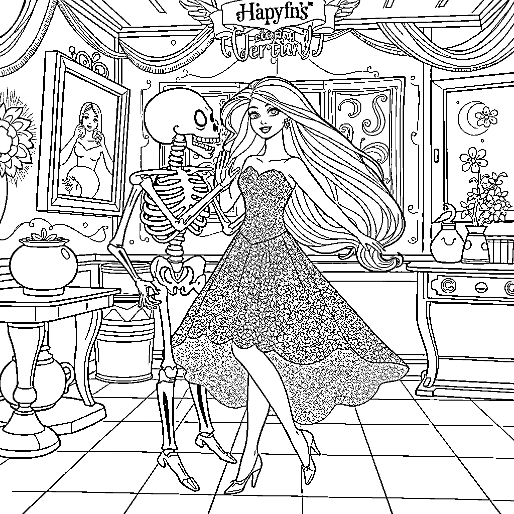 Barbie's Spooky Dance with Skeleton Coloring Page (free black-and-white line drawing printable PDF for all, from beginners to advanced learners, including children, teens, adults, and seniors)