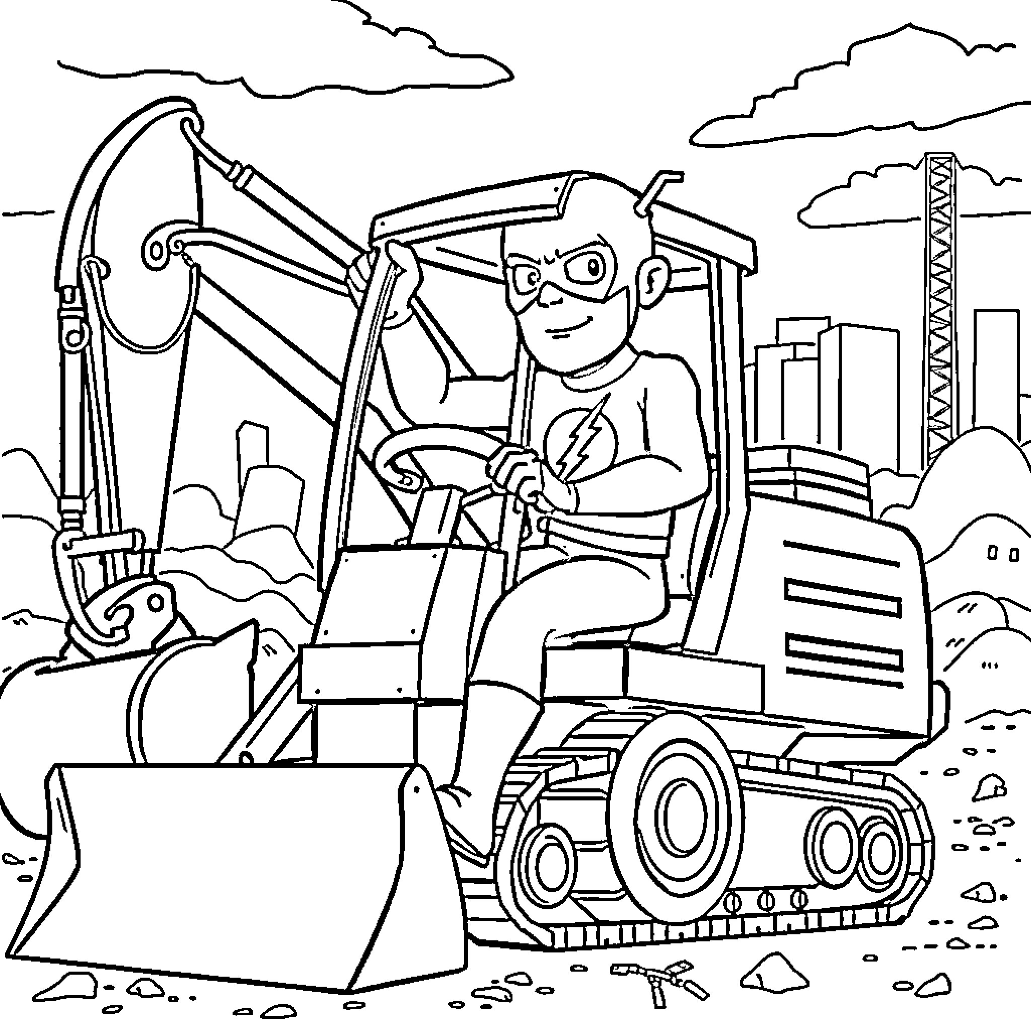 Flash Operating Heavy Construction Equipment in the City Coloring Page (free black-and-white line drawing printable PDF for all, from beginners to advanced learners, including children, teens, adults, and seniors)