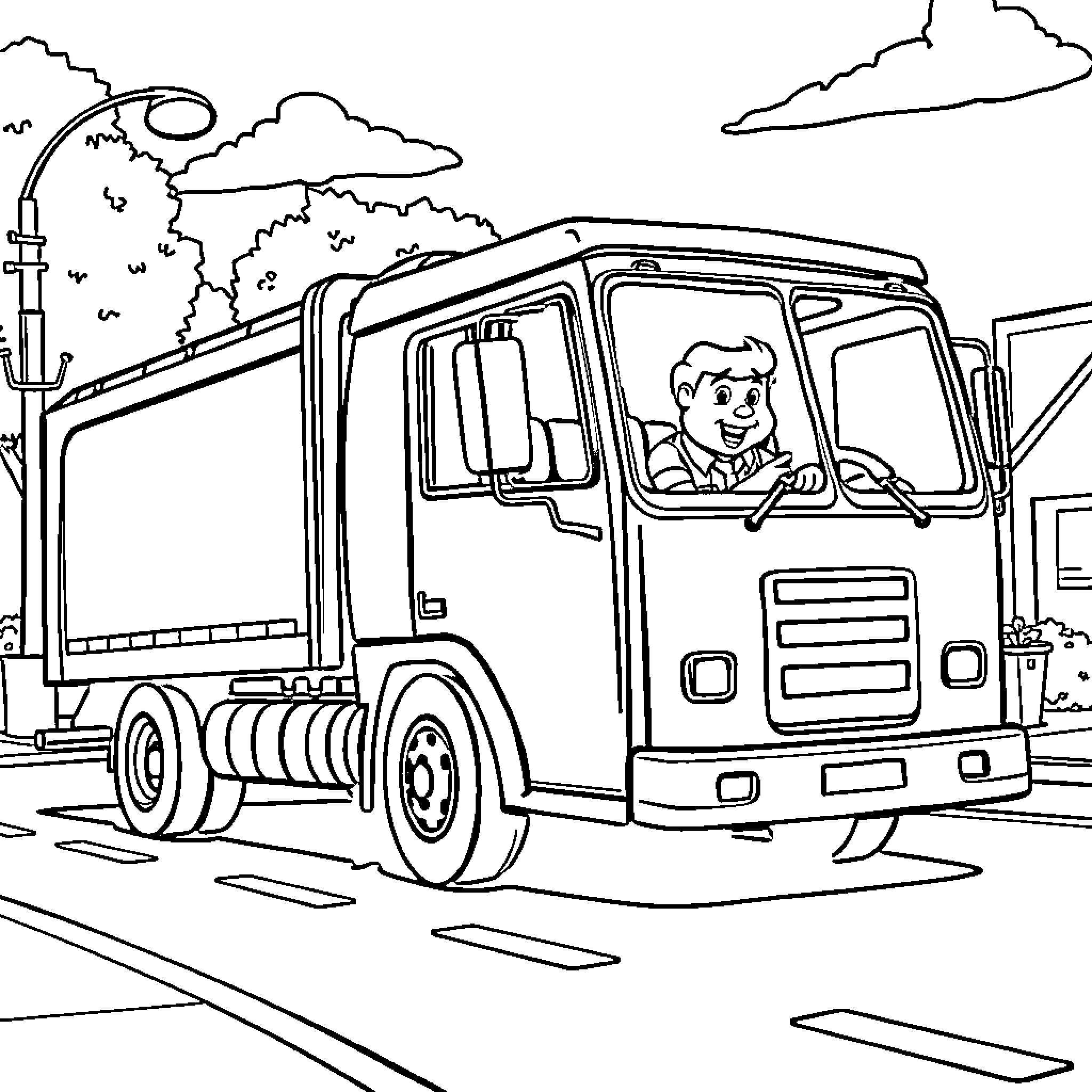 Trash Truck Collecting Garbage on the Street Coloring Page (free black-and-white line drawing printable PDF for all, from beginners to advanced learners, including children, teens, adults, and seniors)
