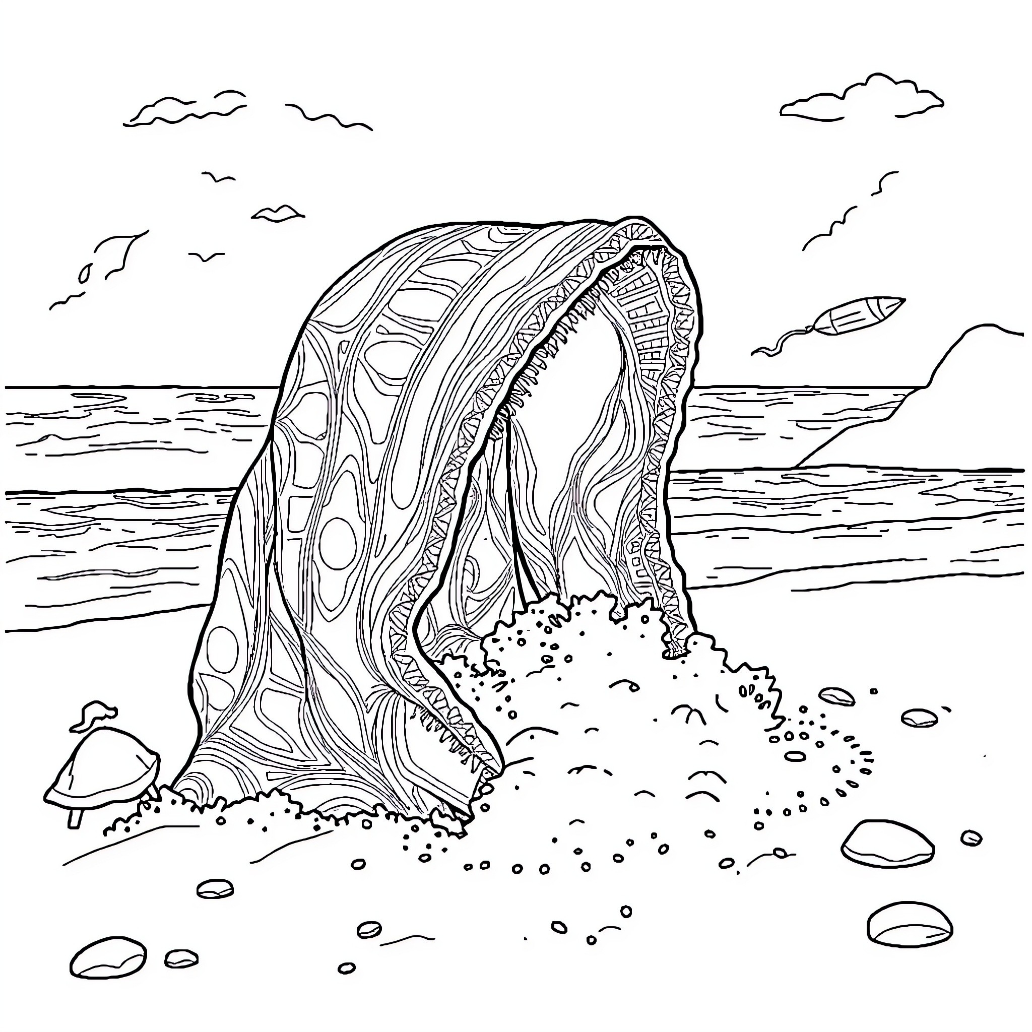 Capacho's Artistic Seascape with Flowing Waves Coloring Page (free black-and-white line drawing printable PDF for all, from beginners to advanced learners, including children, teens, adults, and seniors)