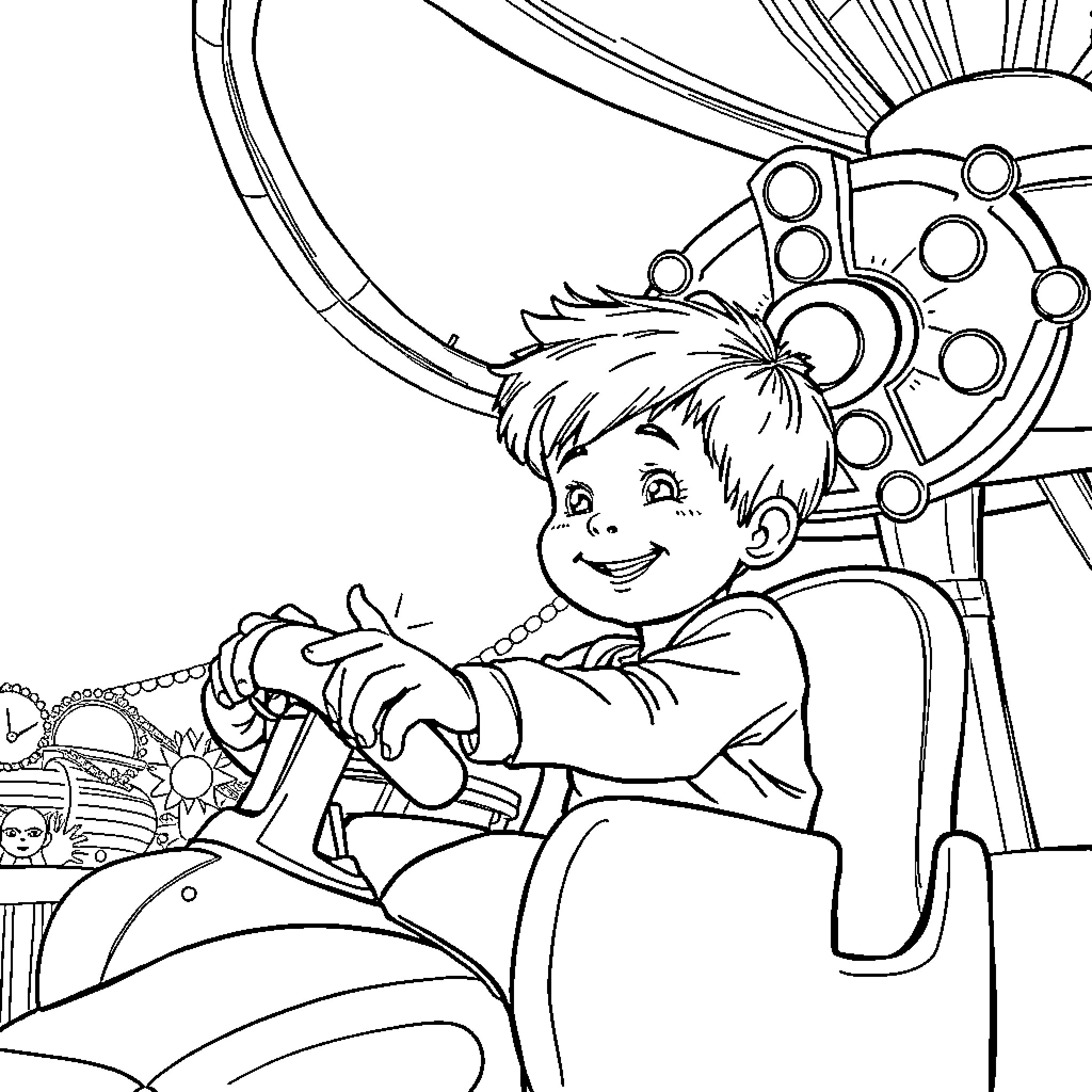 Kid exploring mechanical contraption with enthusiasm Coloring Page (free black-and-white line drawing printable PDF for all, from beginners to advanced learners, including children, teens, adults, and seniors)