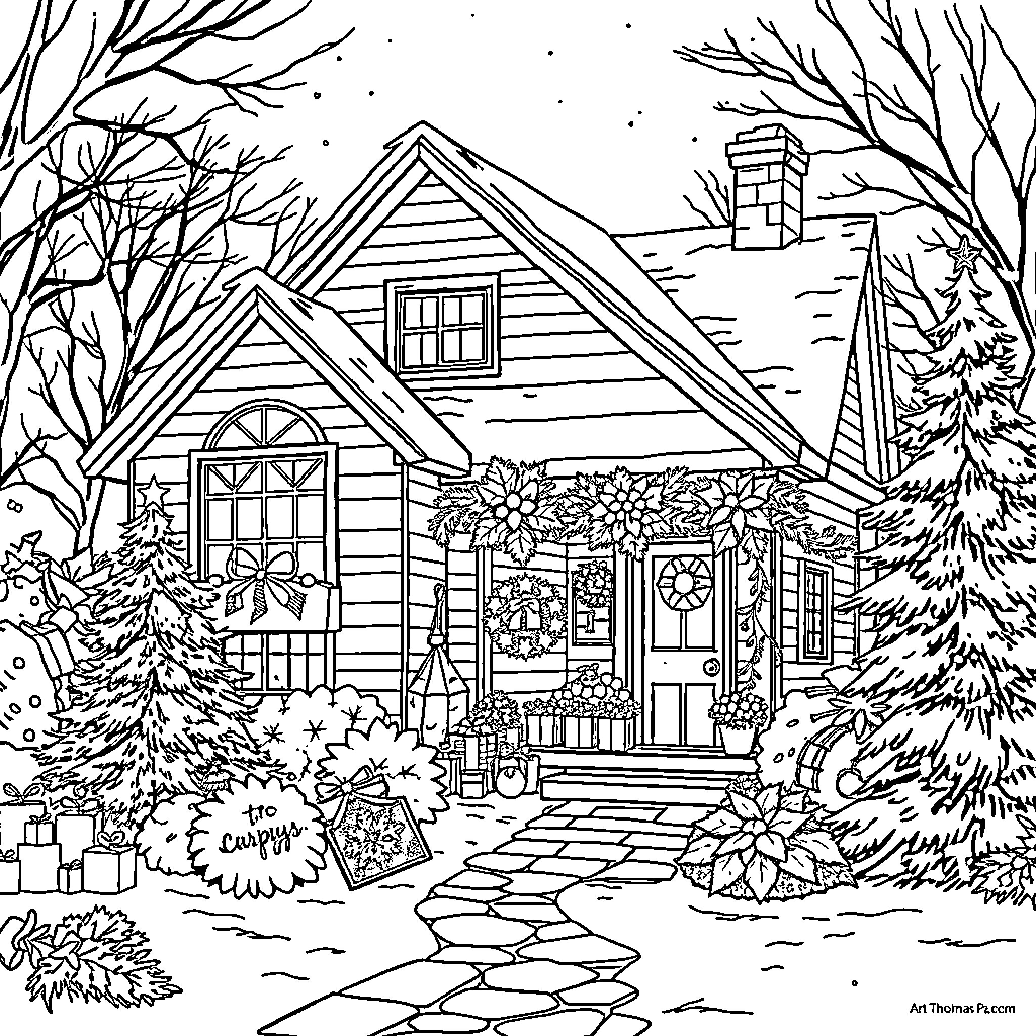 Home dressed for winter celebration Coloring Page (free black-and-white line drawing printable PDF for all, from beginners to advanced learners, including children, teens, adults, and seniors)