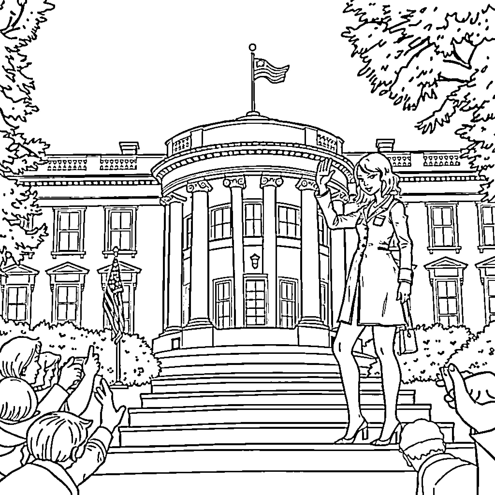 Taylor Swift performing on the steps of the White House Coloring Page (free black-and-white line drawing printable PDF for all, from beginners to advanced learners, including children, teens, adults, and seniors)