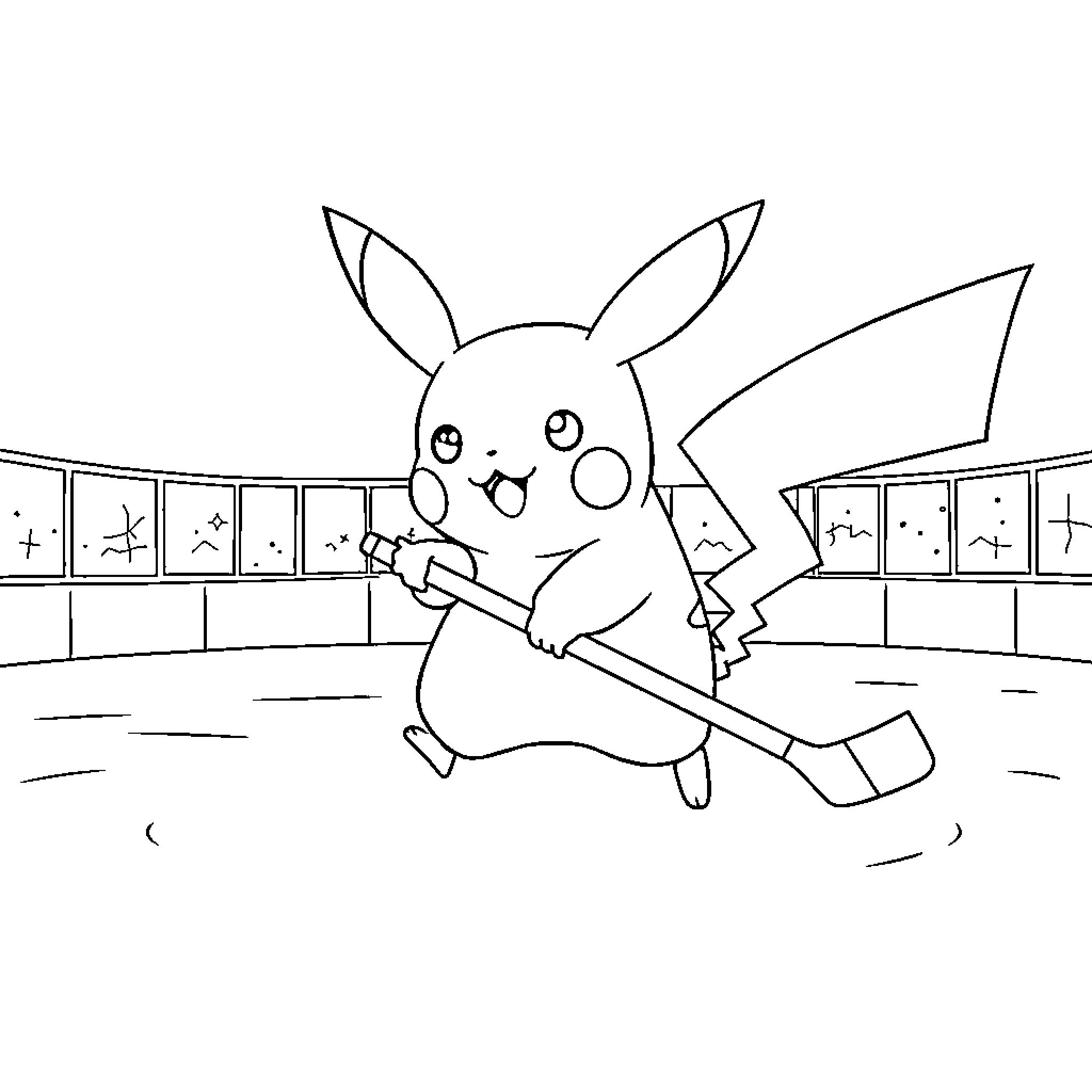 Pikachu playing hockey in a rink Coloring Page (free black-and-white line drawing printable PDF for all, from beginners to advanced learners, including children, teens, adults, and seniors)
