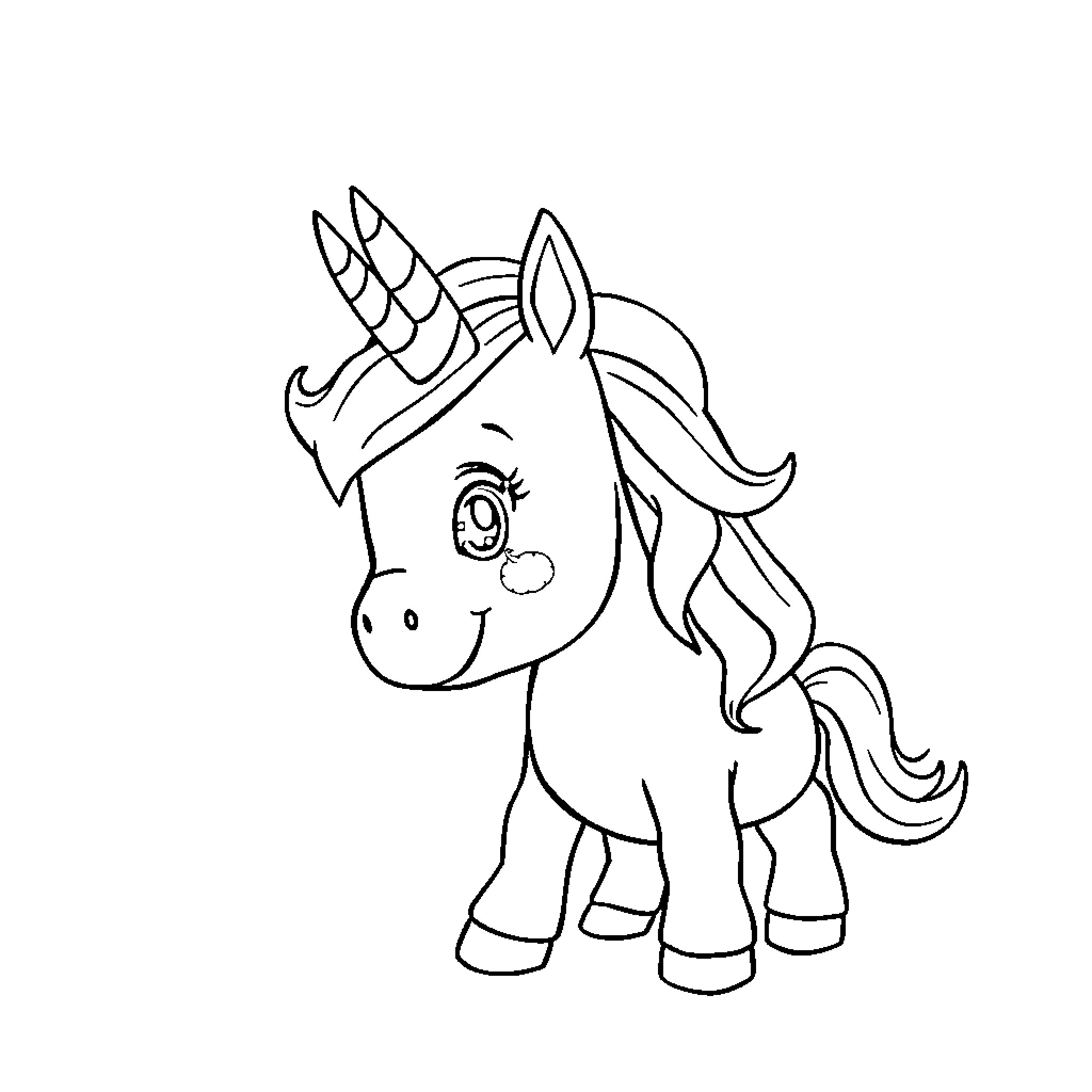 Baby Unicorn with a Friendly Expression Coloring Page (free black-and-white line drawing printable PDF for all, from beginners to advanced learners, including children, teens, adults, and seniors)