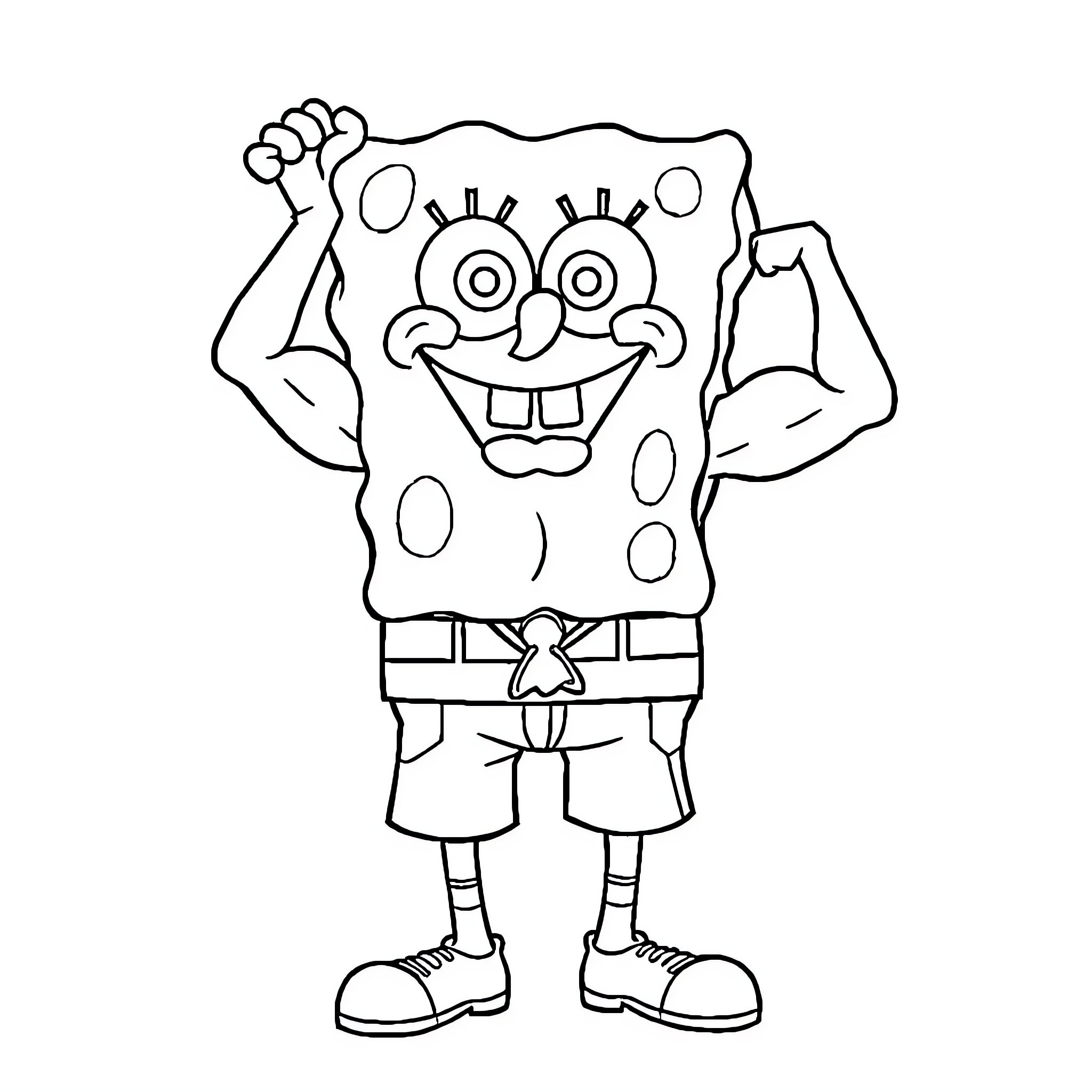 Spongebob flexing his muscles excitedly Coloring Page (free black-and-white line drawing printable PDF for all, from beginners to advanced learners, including children, teens, adults, and seniors)
