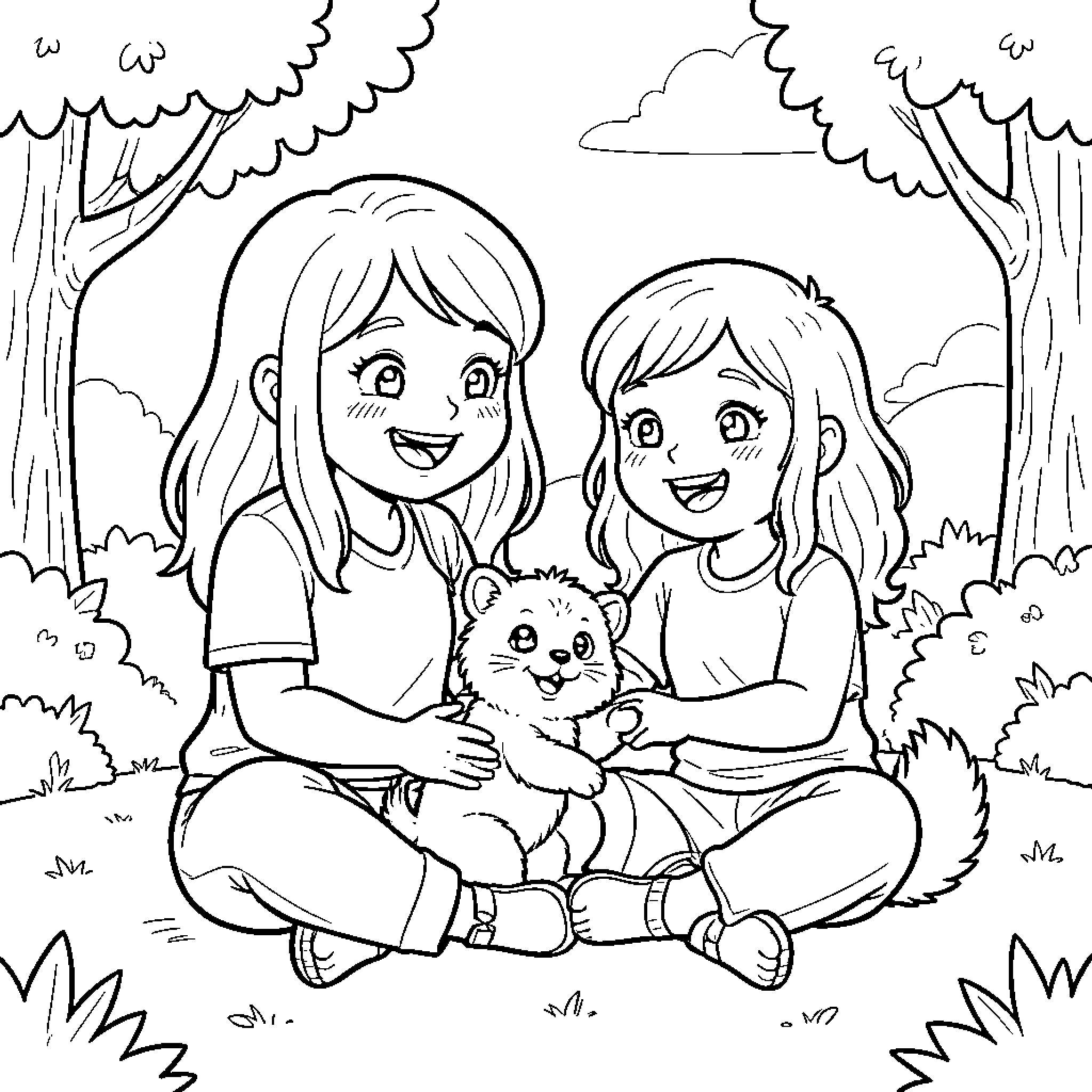 Gaby and her friend playing with a puppy Coloring Page (free black-and-white line drawing printable PDF for all, from beginners to advanced learners, including children, teens, adults, and seniors)