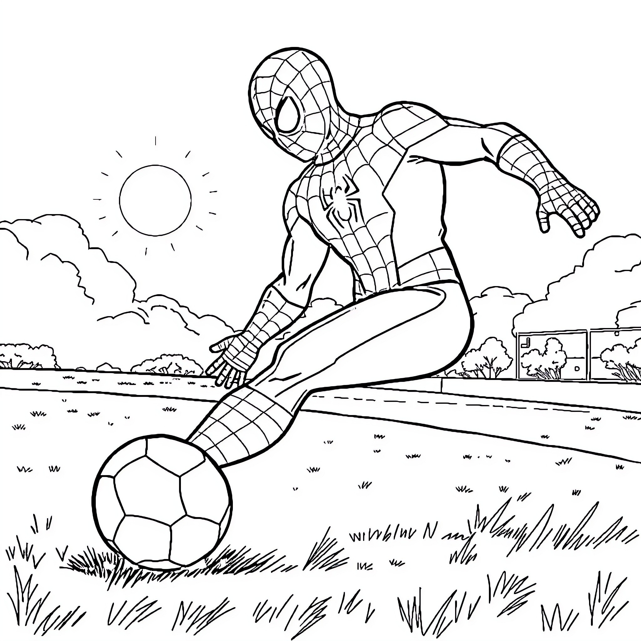 Spiderman Playing Soccer Outdoors Coloring Page (free black-and-white line drawing printable PDF for all, from beginners to advanced learners, including children, teens, adults, and seniors)