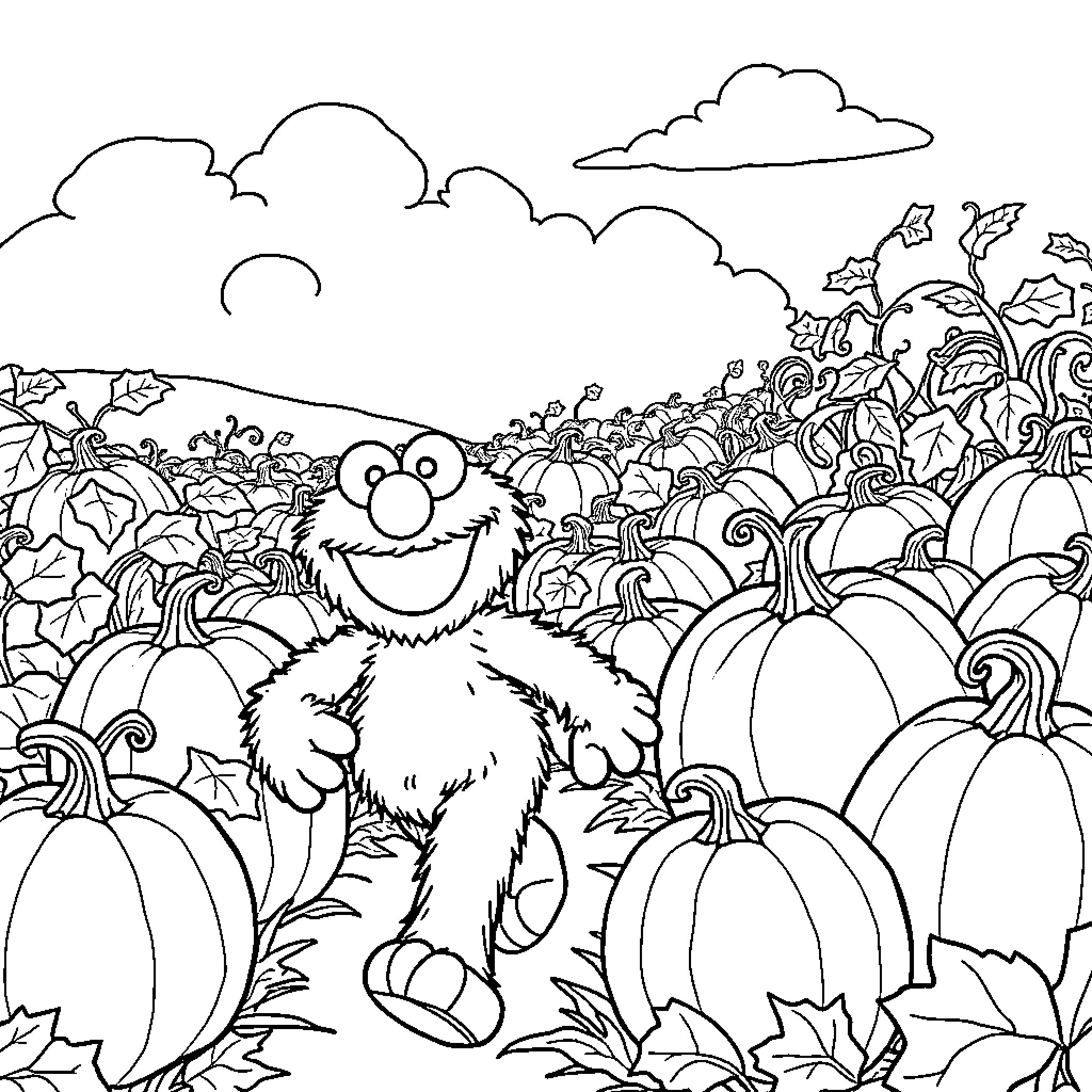Elmo enjoying the pumpkin patch Coloring Page (free black-and-white line drawing printable PDF for all, from beginners to advanced learners, including children, teens, adults, and seniors)