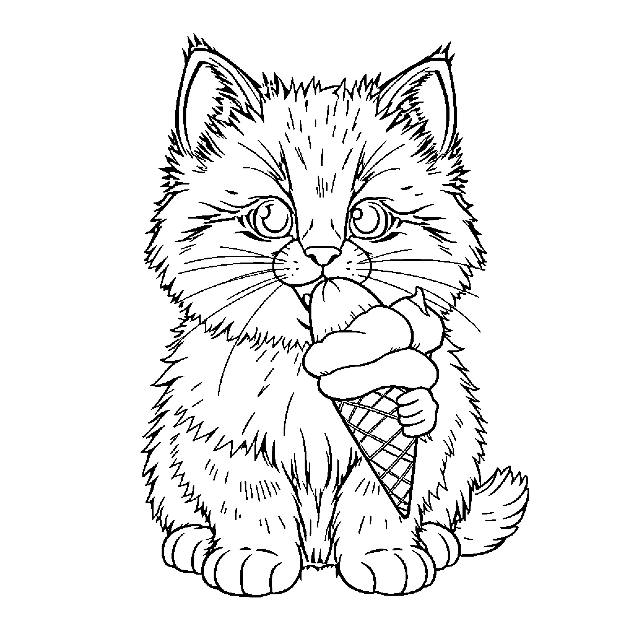 Kitty enjoying an ice cream cone Coloring Page (free black-and-white line drawing printable PDF for all, from beginners to advanced learners, including children, teens, adults, and seniors)