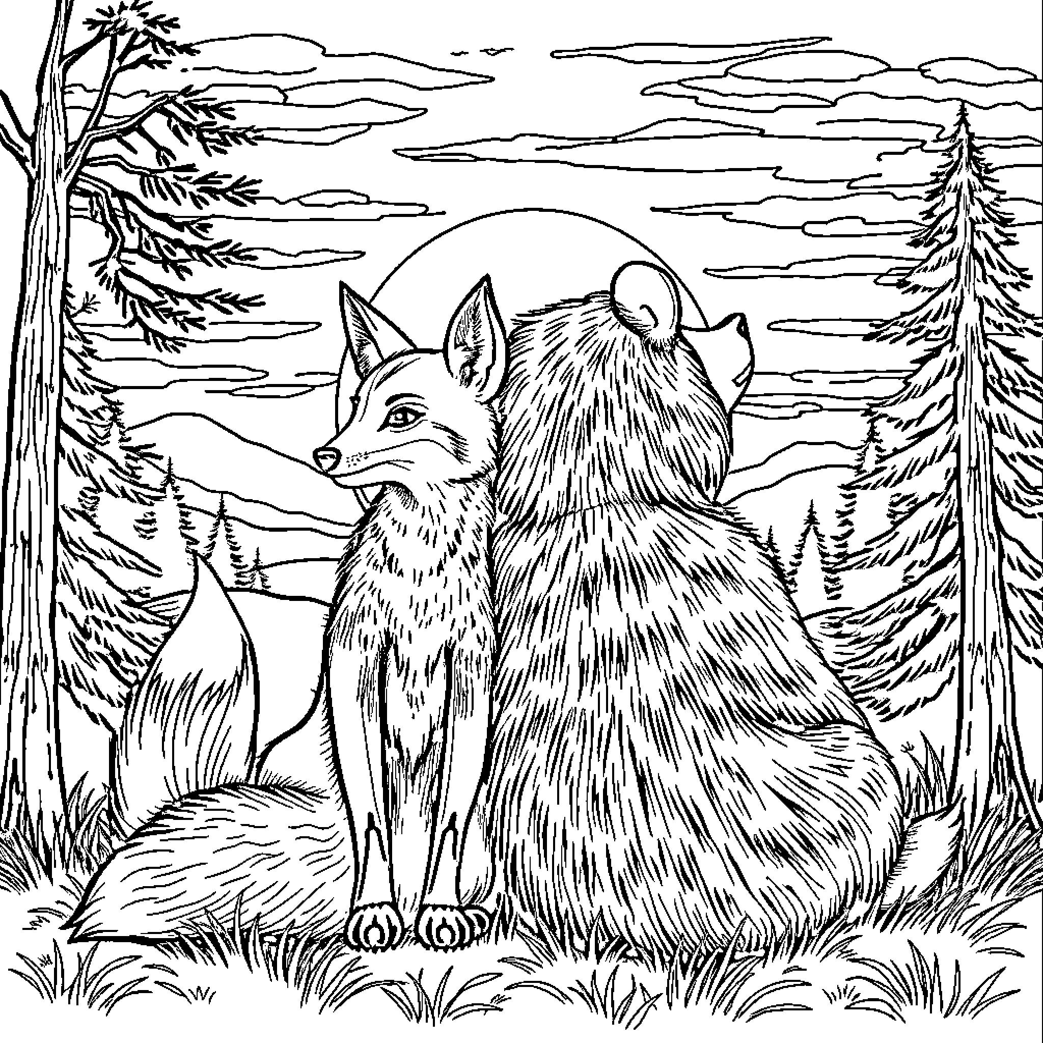 Fox Duo Exploring Serene Forest Landscape Coloring Page (free black-and-white line drawing printable PDF for all, from beginners to advanced learners, including children, teens, adults, and seniors)