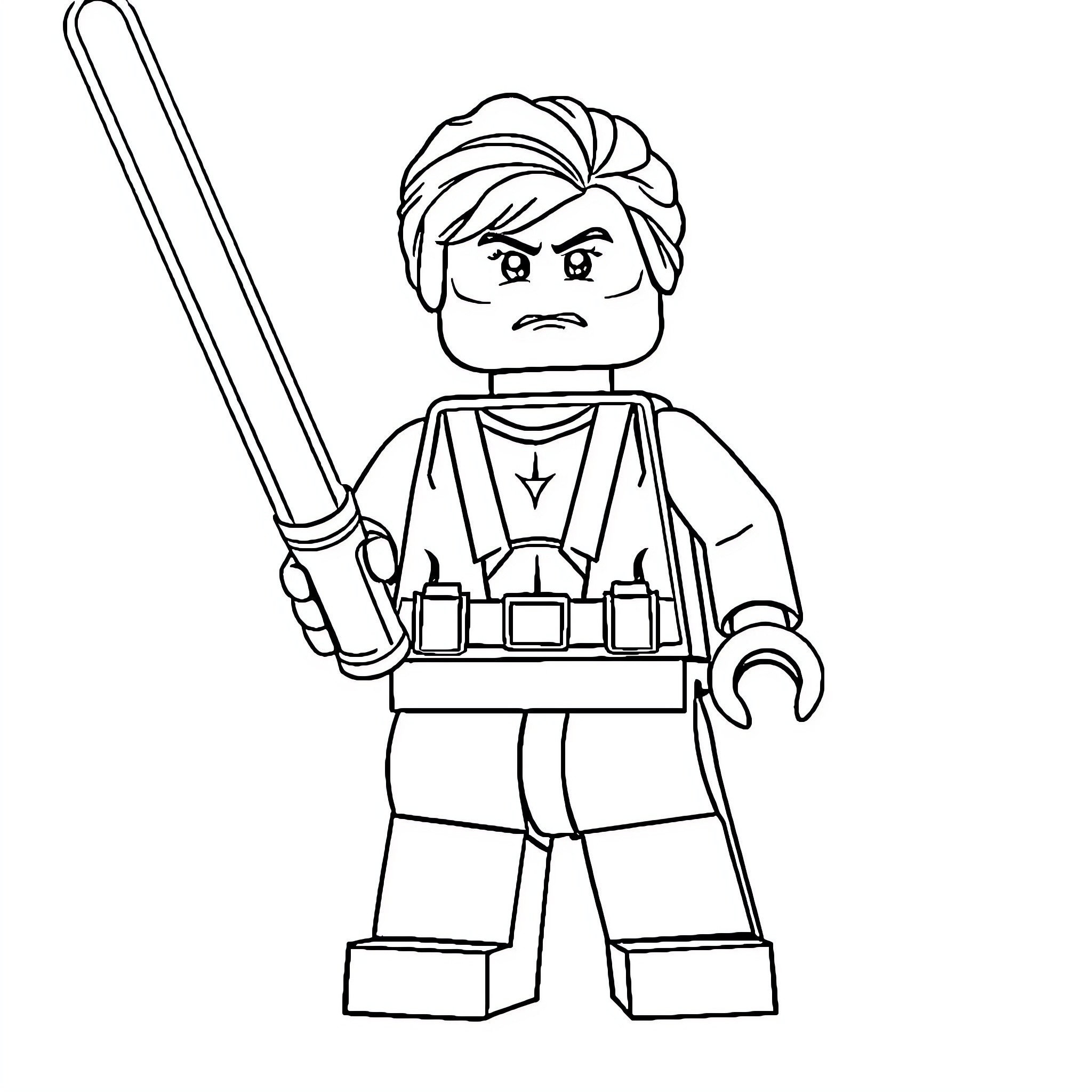 Lego Man wielding a lightsaber in action pose Coloring Page (free black-and-white line drawing printable PDF for all, from beginners to advanced learners, including children, teens, adults, and seniors)