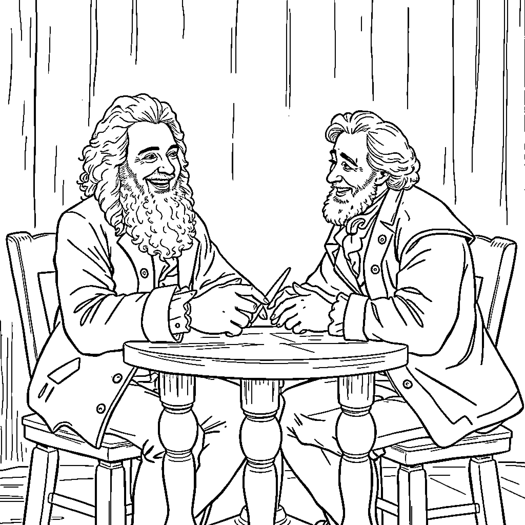 Johann Wolfgang Goethe discussing with a companion Coloring Page (free black-and-white line drawing printable PDF for all, from beginners to advanced learners, including children, teens, adults, and seniors)