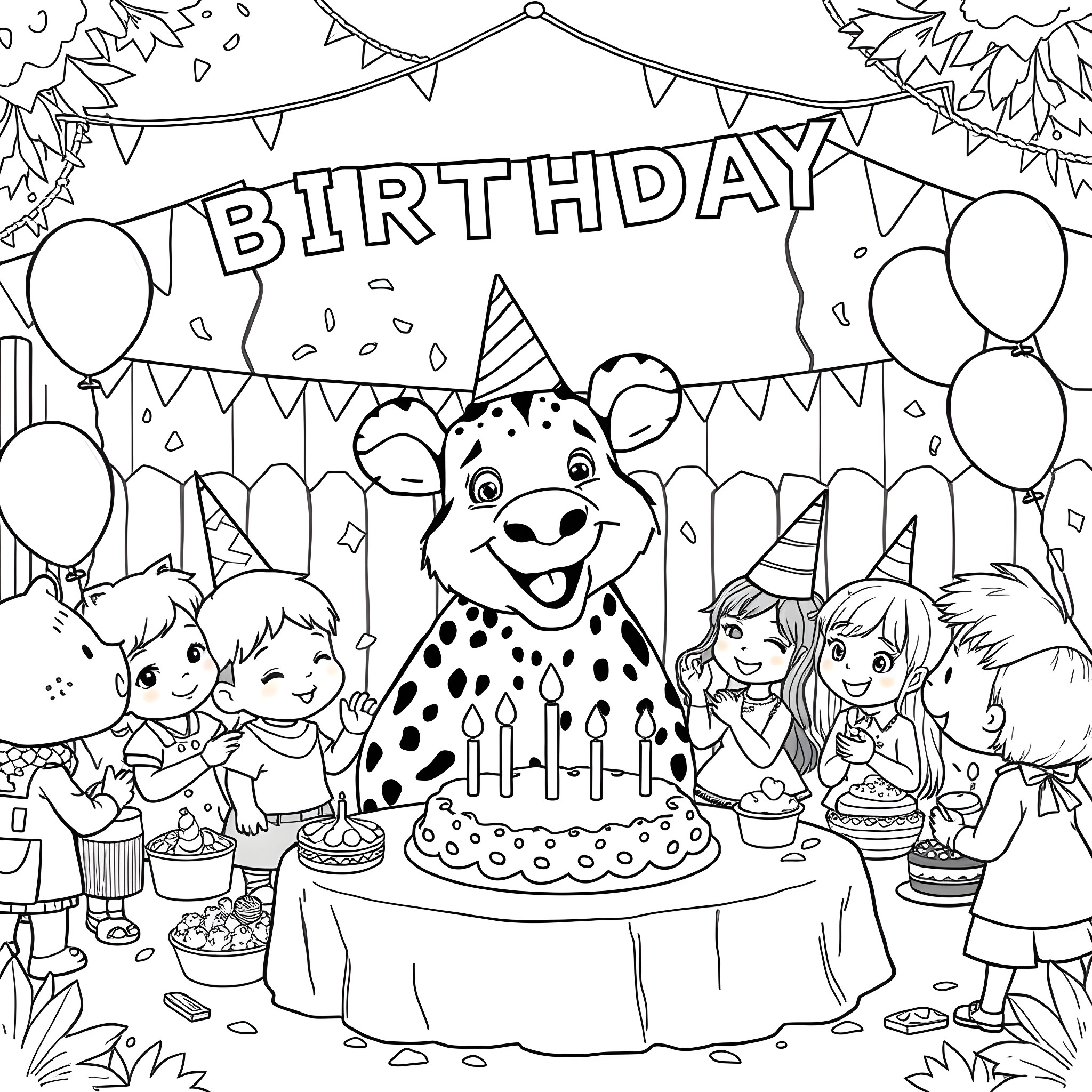 Zoo Animal Celebrating Birthday Party with Children Coloring Page (free black-and-white line drawing printable PDF for all, from beginners to advanced learners, including children, teens, adults, and seniors)