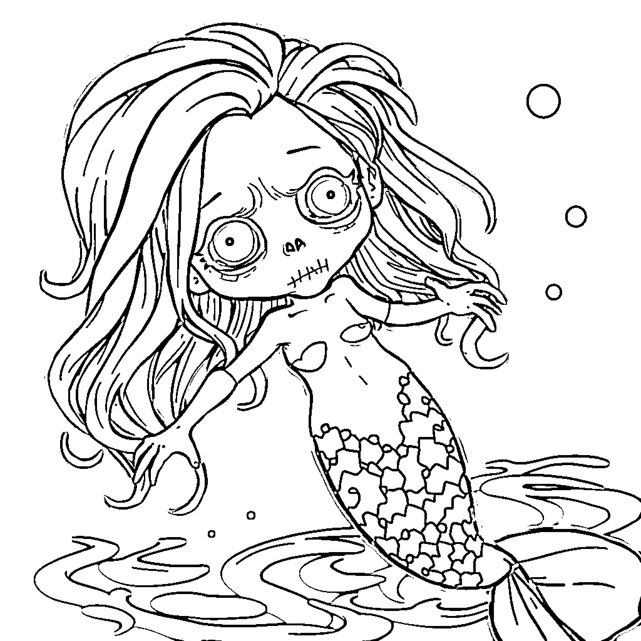 Zombie Mermaid Emerging from the Depths Coloring Page (free black-and-white line drawing printable PDF for all, from beginners to advanced learners, including children, teens, adults, and seniors)
