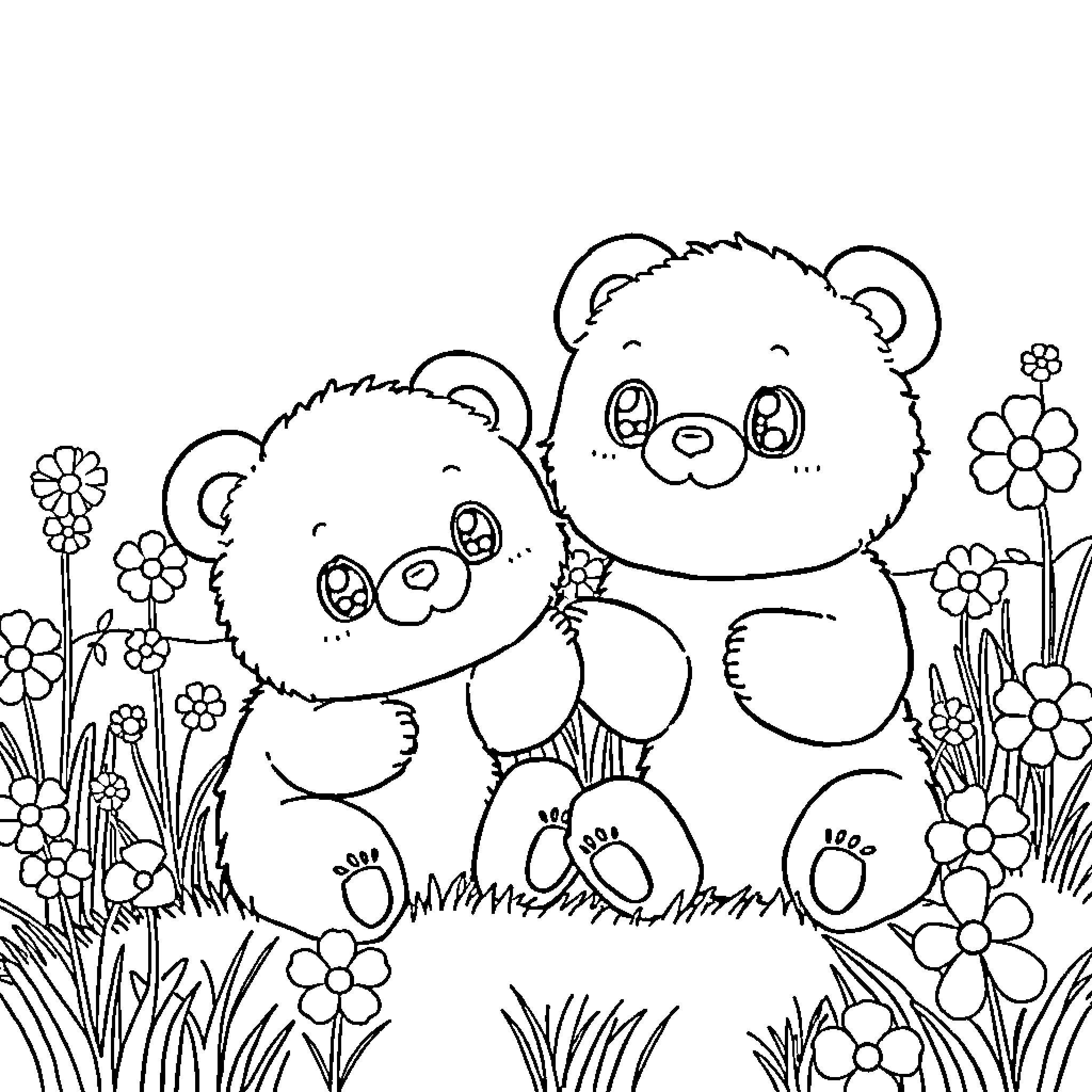 Bear cubs playing in a floral field Coloring Page (free black-and-white line drawing printable PDF for all, from beginners to advanced learners, including children, teens, adults, and seniors)