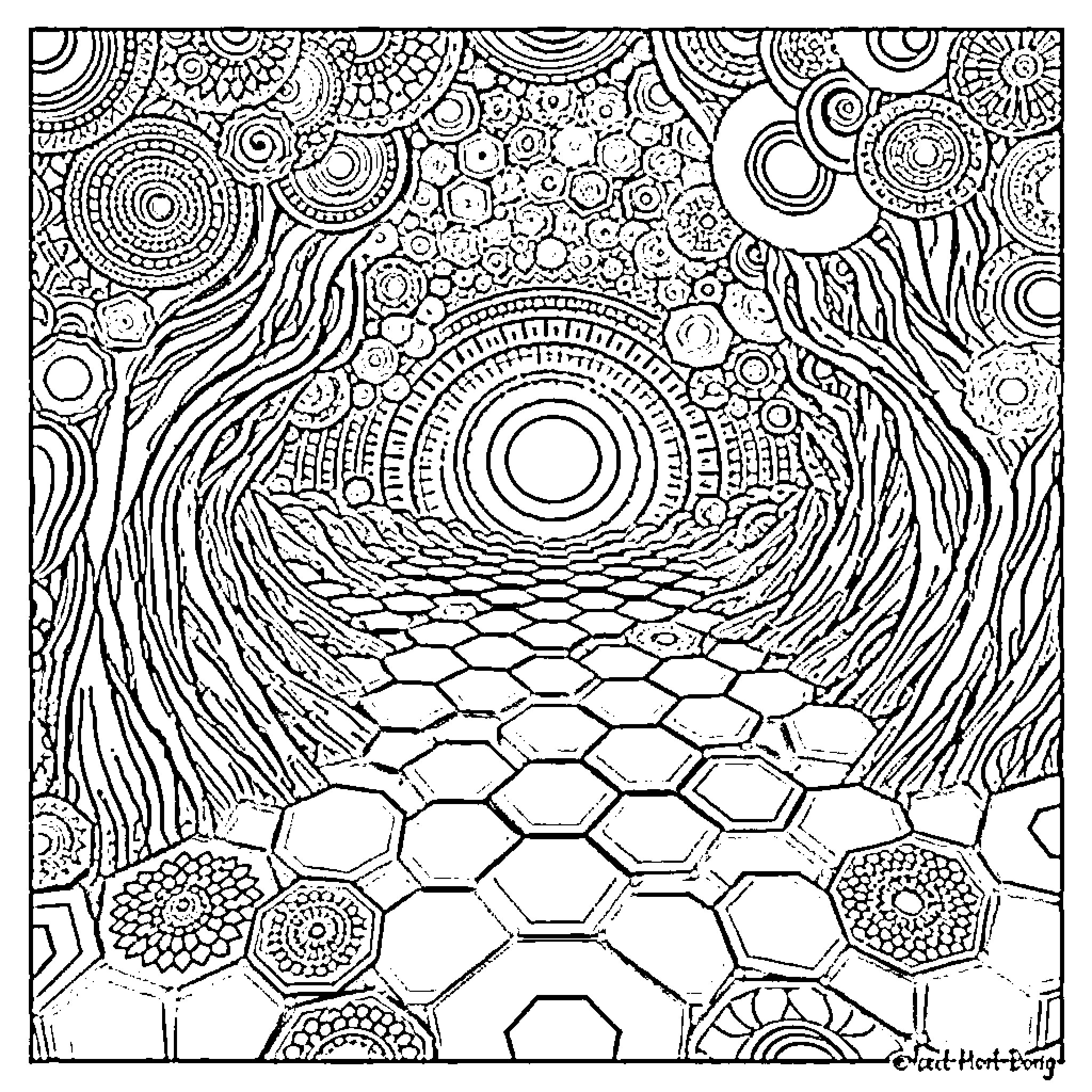 Hexagon Tunnel of Intricate Patterns Coloring Page (free black-and-white line drawing printable PDF for all, from beginners to advanced learners, including children, teens, adults, and seniors)