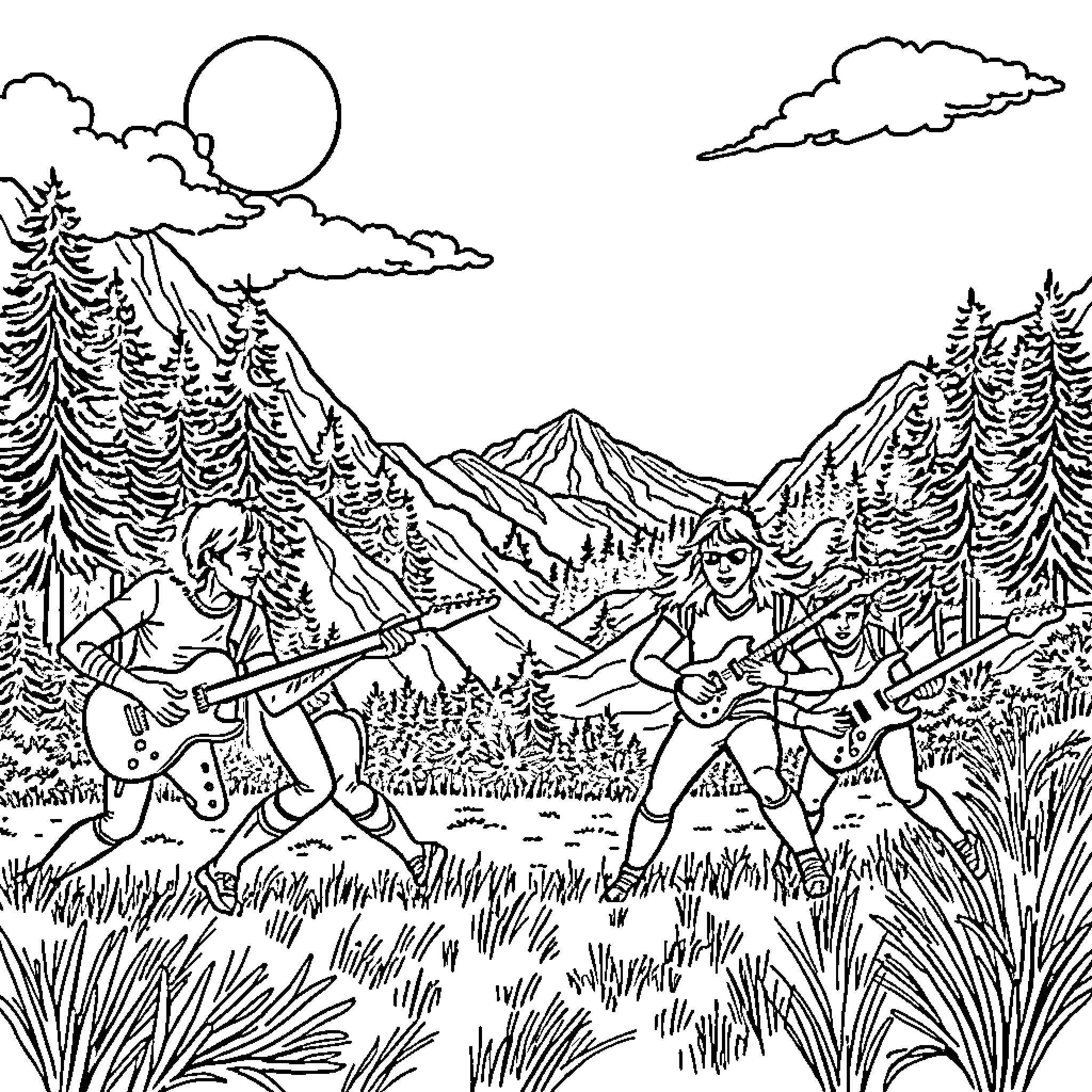 Led Zeppelin performing in the wilderness Coloring Page (free black-and-white line drawing printable PDF for all, from beginners to advanced learners, including children, teens, adults, and seniors)