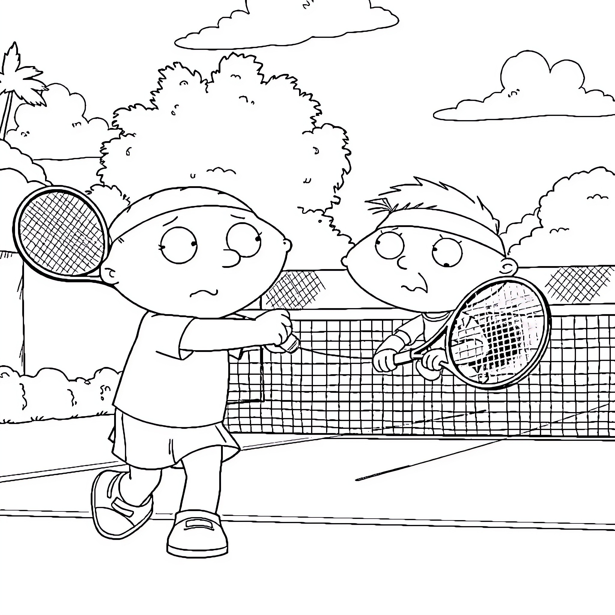 Stewie Griffin playing tennis with a friend Coloring Page (free black-and-white line drawing printable PDF for all, from beginners to advanced learners, including children, teens, adults, and seniors)