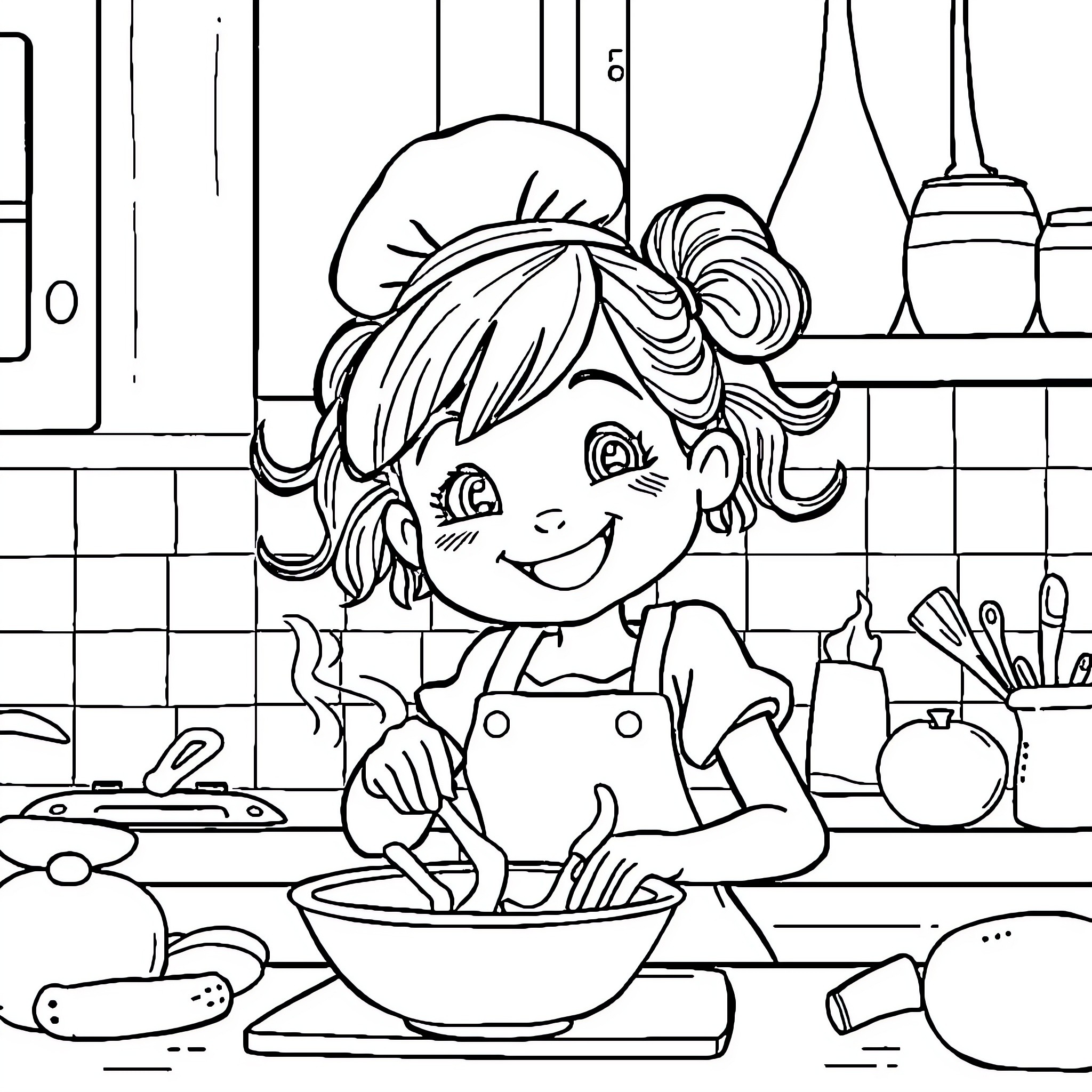 Girl happily cooking in the kitchen Coloring Page (free black-and-white line drawing printable PDF for all, from beginners to advanced learners, including children, teens, adults, and seniors)