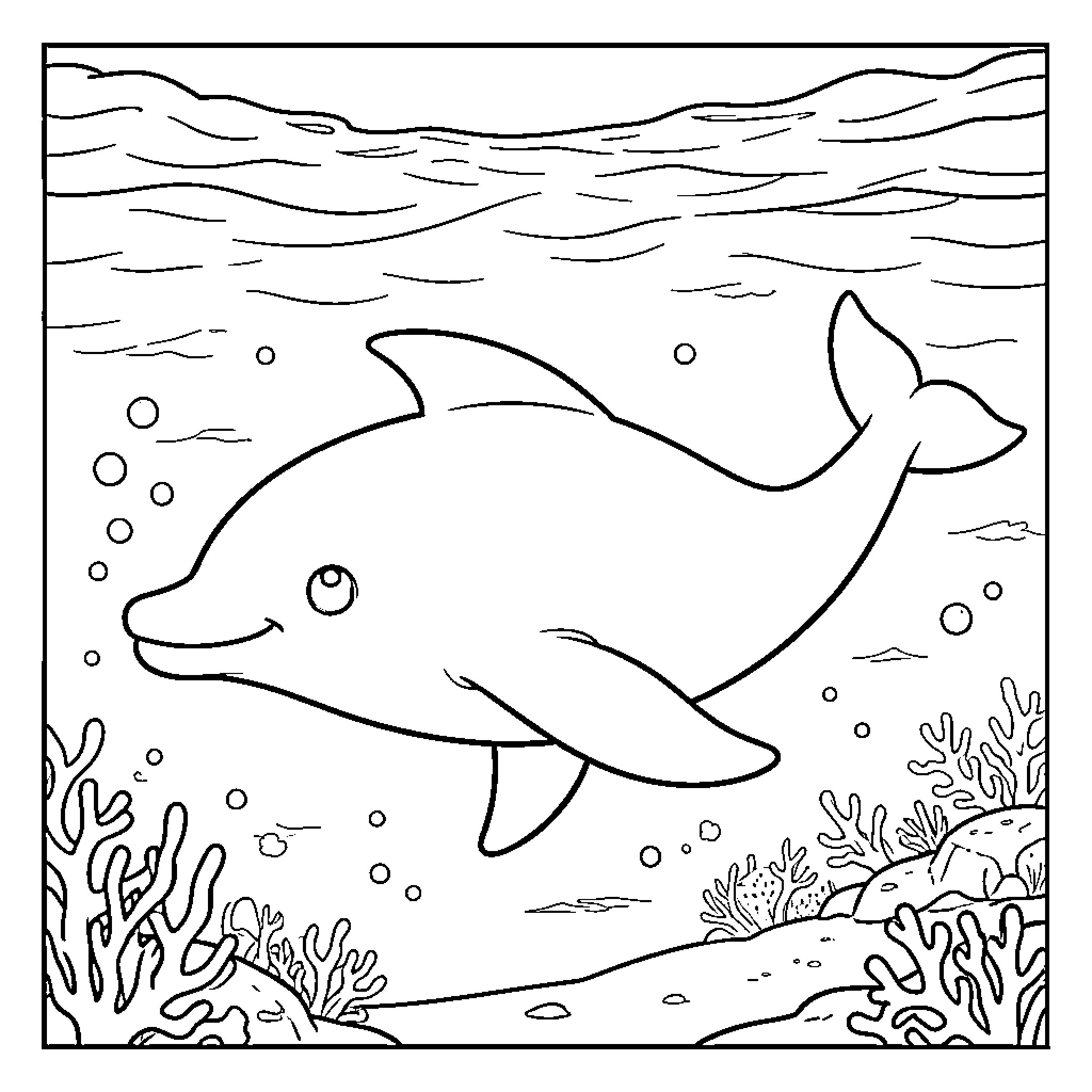 Dolphin swimming happily through an underwater coral reef Coloring Page (free black-and-white line drawing printable PDF for all, from beginners to advanced learners, including children, teens, adults, and seniors)