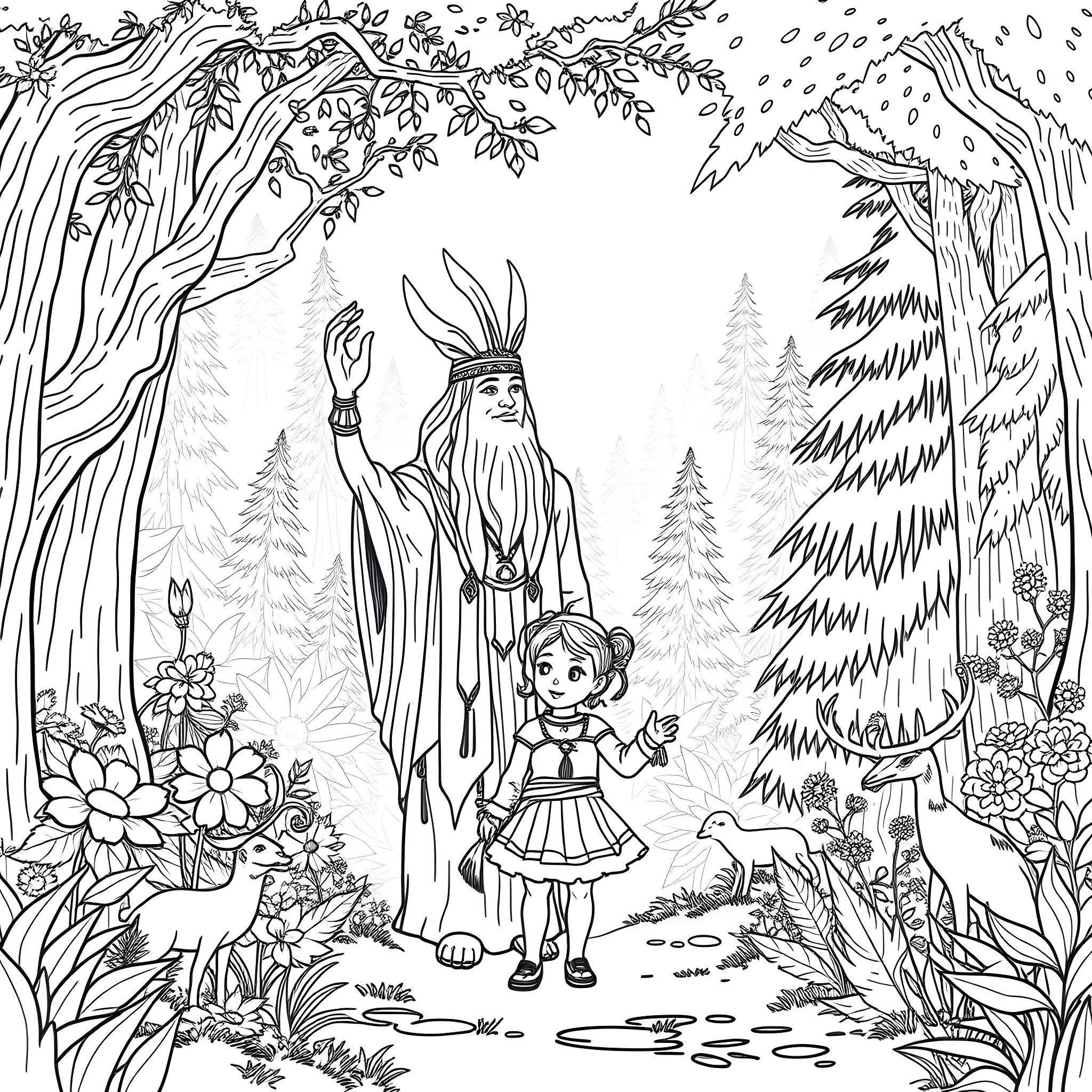 Spirit of the Forest: A Girl and Wise Old Elder in the Woodland Coloring Page (free black-and-white line drawing printable PDF for all, from beginners to advanced learners, including children, teens, adults, and seniors)