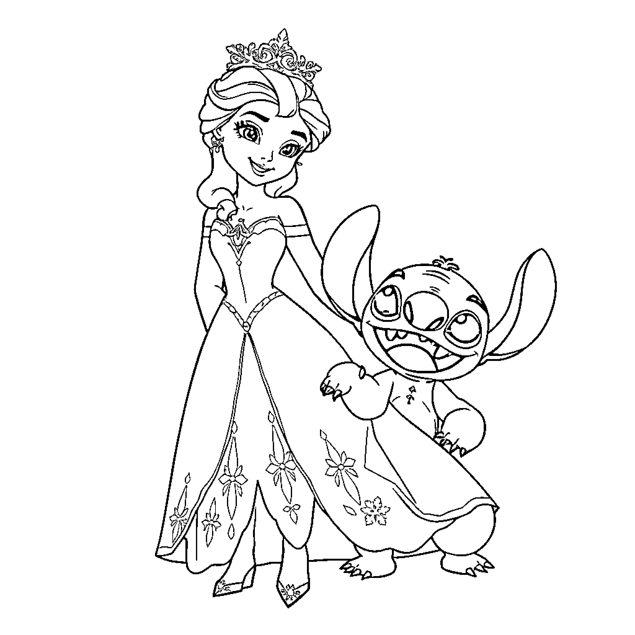 Queen of Flowers Embraces Mischievous Companion Coloring Page (free black-and-white line drawing printable PDF for all, from beginners to advanced learners, including children, teens, adults, and seniors)