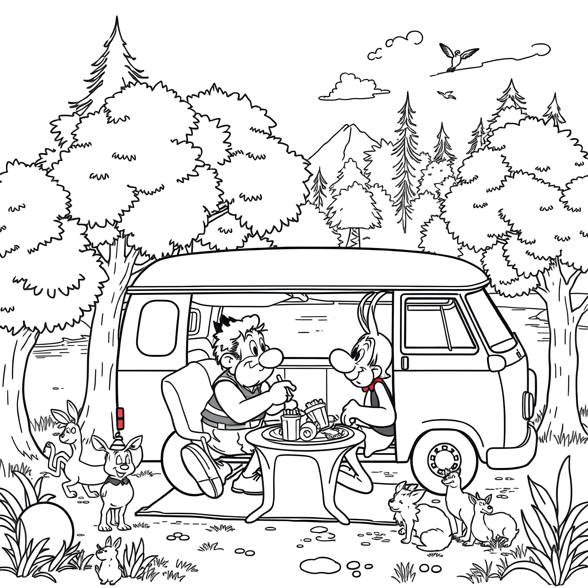 Asterix and Friends Enjoying a Picnic in the Forest Coloring Page (free black-and-white line drawing printable PDF for all, from beginners to advanced learners, including children, teens, adults, and seniors)
