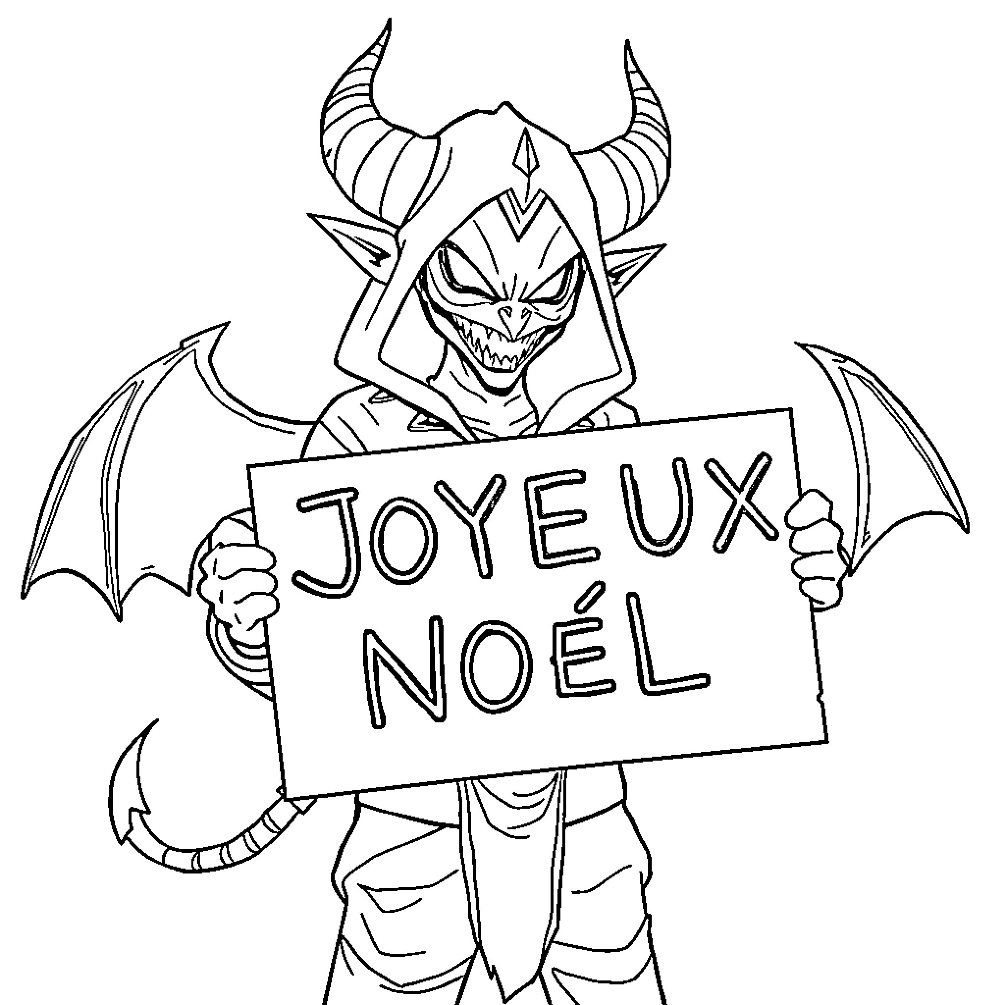 Demon Hunter holding Christmas greeting sign Coloring Page (free black-and-white line drawing printable PDF for all, from beginners to advanced learners, including children, teens, adults, and seniors)