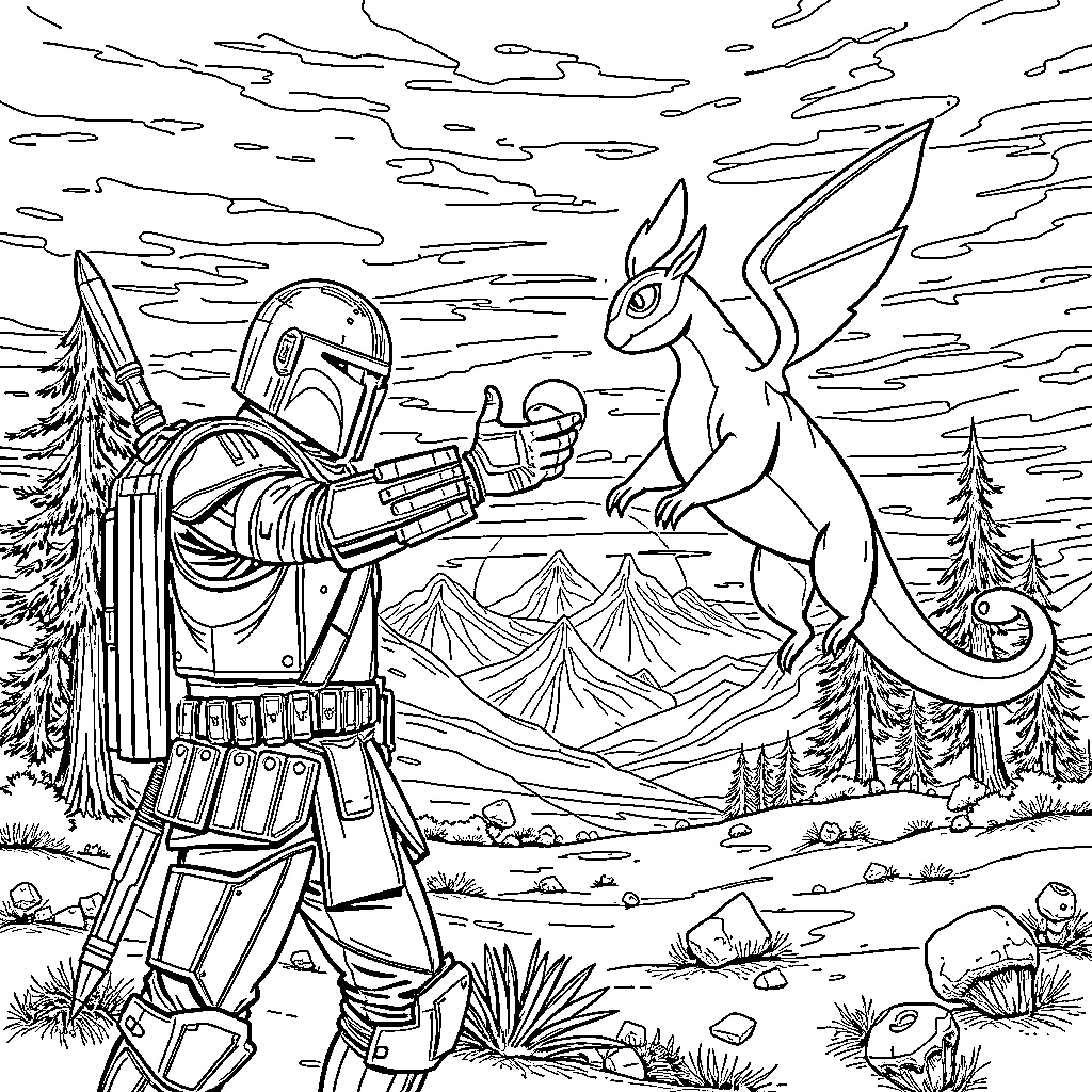 Mandalorian encounters a curious creature in the wilderness Coloring Page (free black-and-white line drawing printable PDF for all, from beginners to advanced learners, including children, teens, adults, and seniors)
