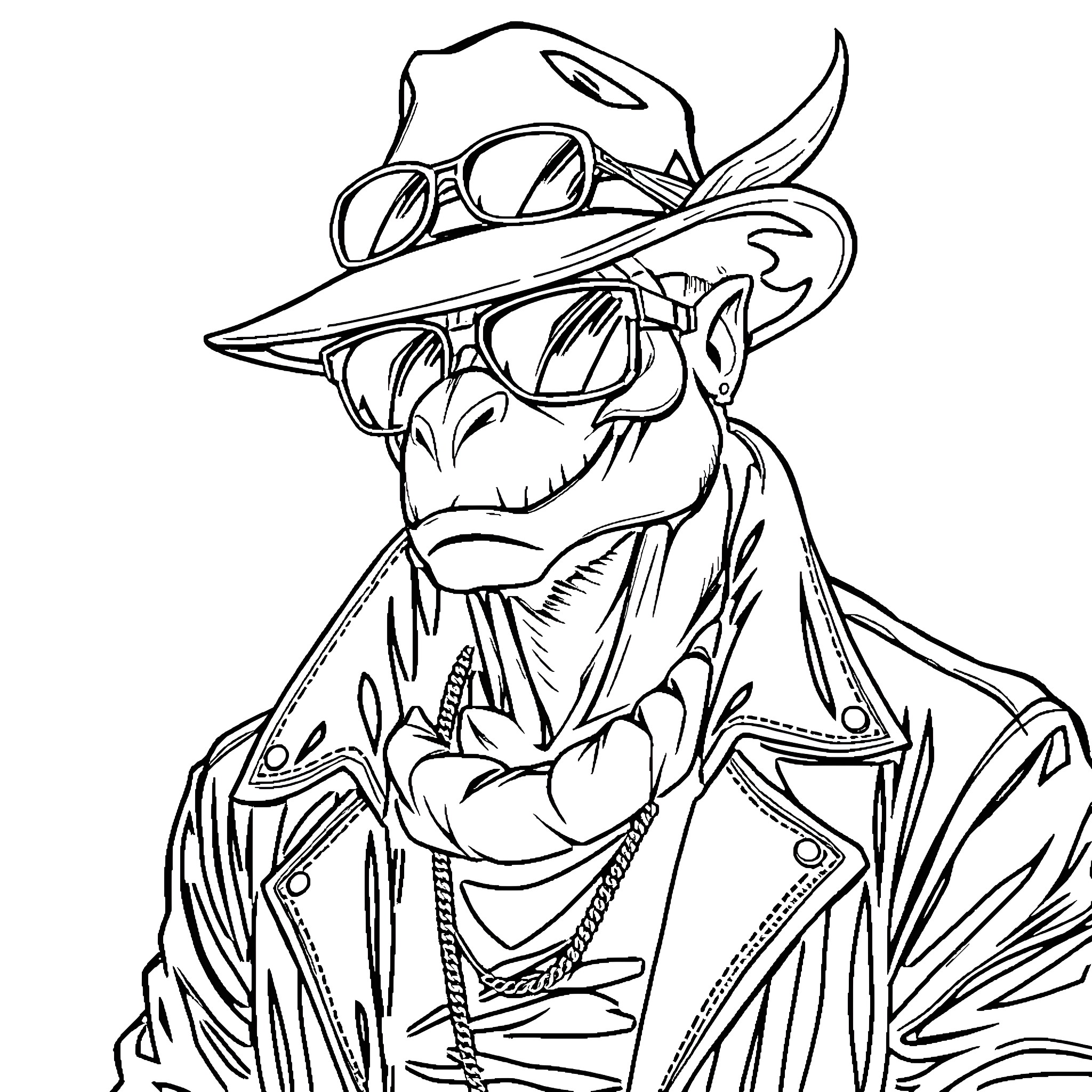 Batzamaru in Quirky Outfit and Eyewear Coloring Page (free black-and-white line drawing printable PDF for all, from beginners to advanced learners, including children, teens, adults, and seniors)