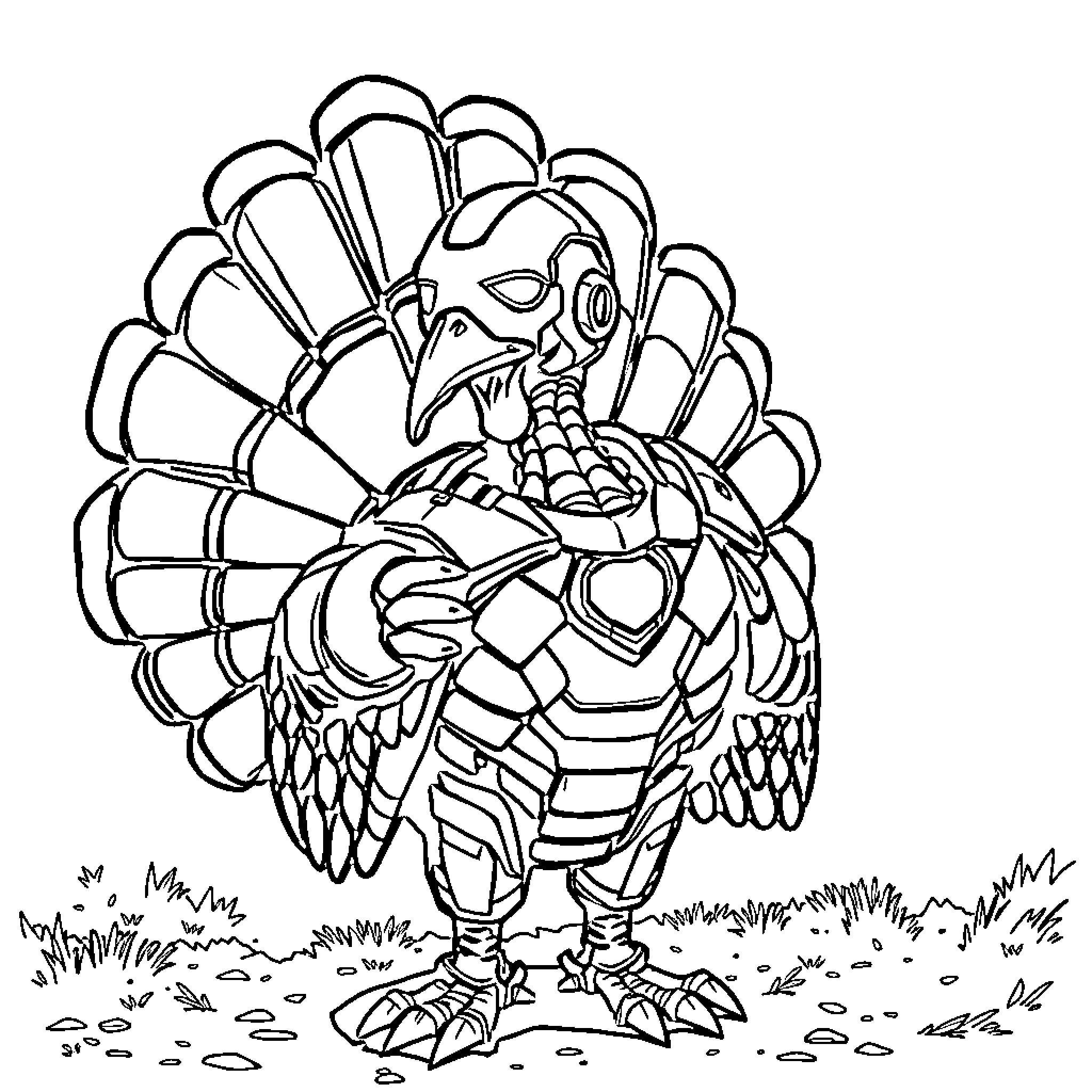 Turkey with an elaborate patterned feathered display Coloring Page (free black-and-white line drawing printable PDF for all, from beginners to advanced learners, including children, teens, adults, and seniors)