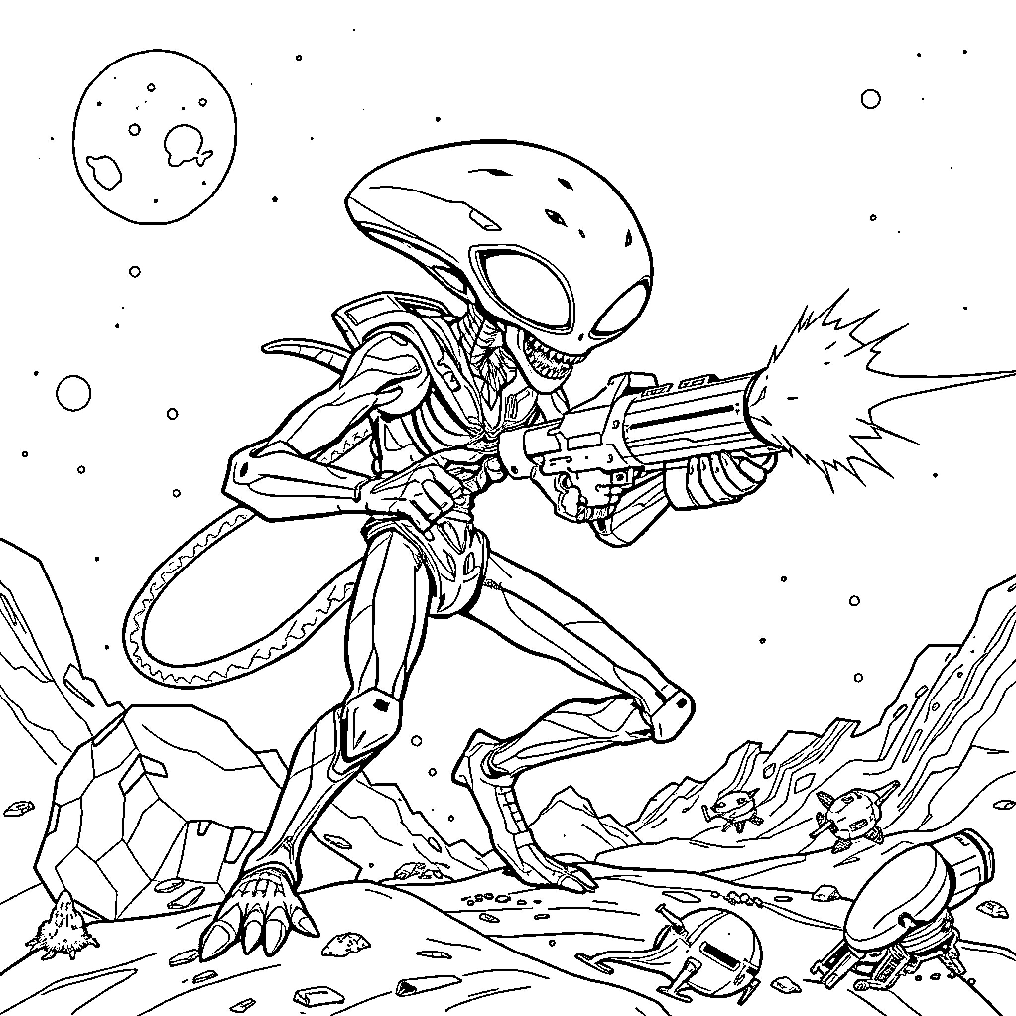 Alien Warrior Confronting Enemies on Extraterrestrial Planet Coloring Page (free black-and-white line drawing printable PDF for all, from beginners to advanced learners, including children, teens, adults, and seniors)