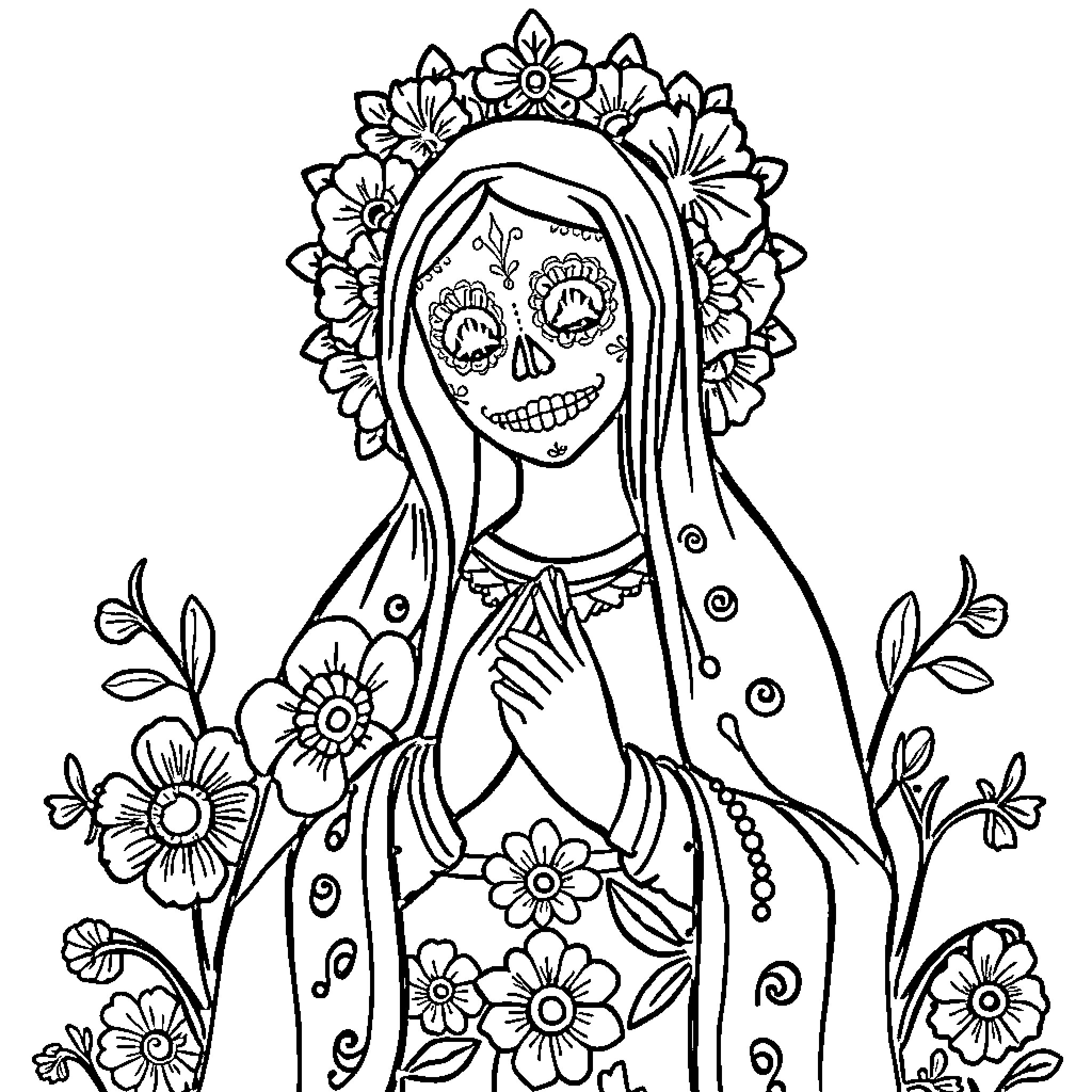 Virgin Mary in floral and ornamental attire Coloring Page (free black-and-white line drawing printable PDF for all, from beginners to advanced learners, including children, teens, adults, and seniors)