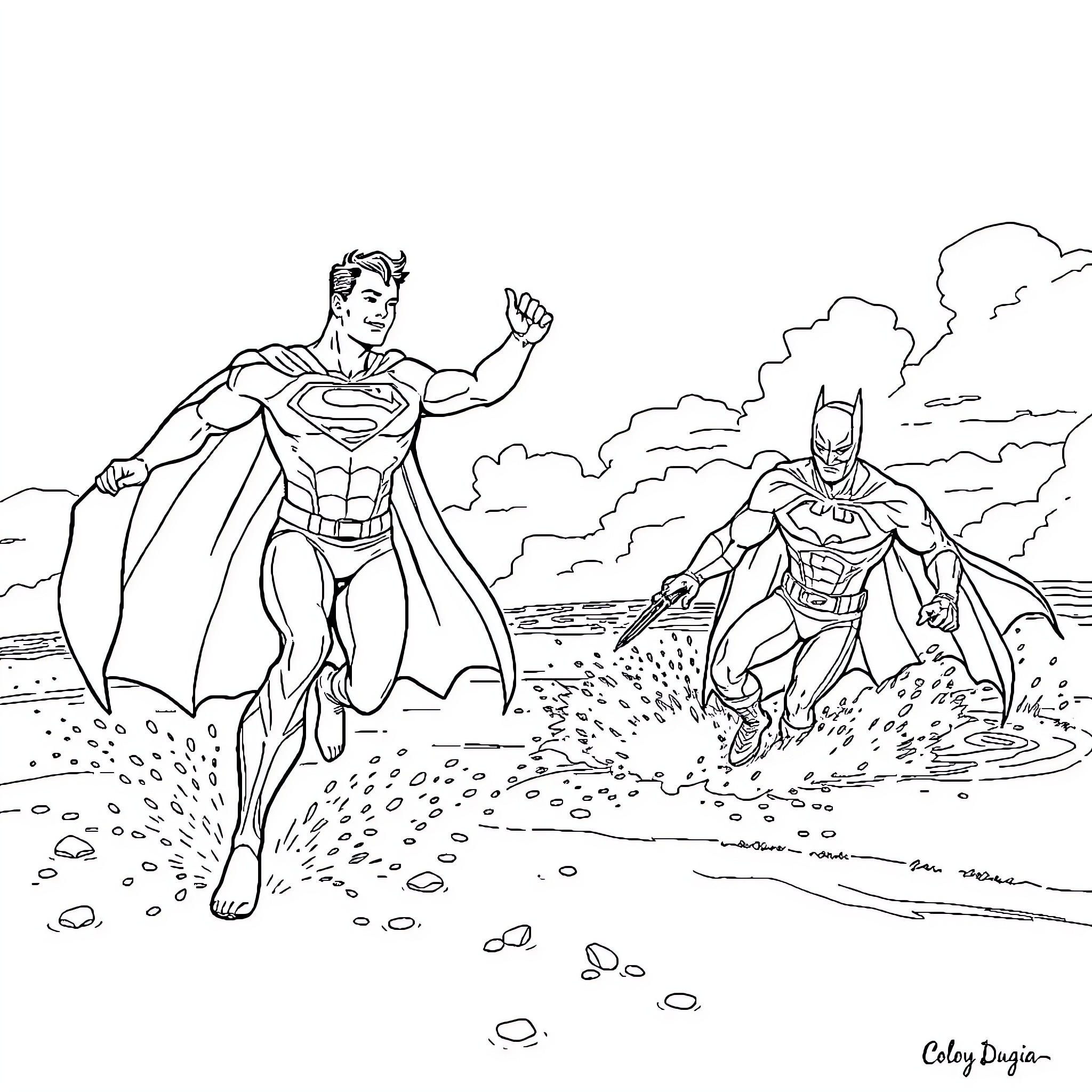 Superman and Batman in action scene Coloring Page (free black-and-white line drawing printable PDF for all, from beginners to advanced learners, including children, teens, adults, and seniors)