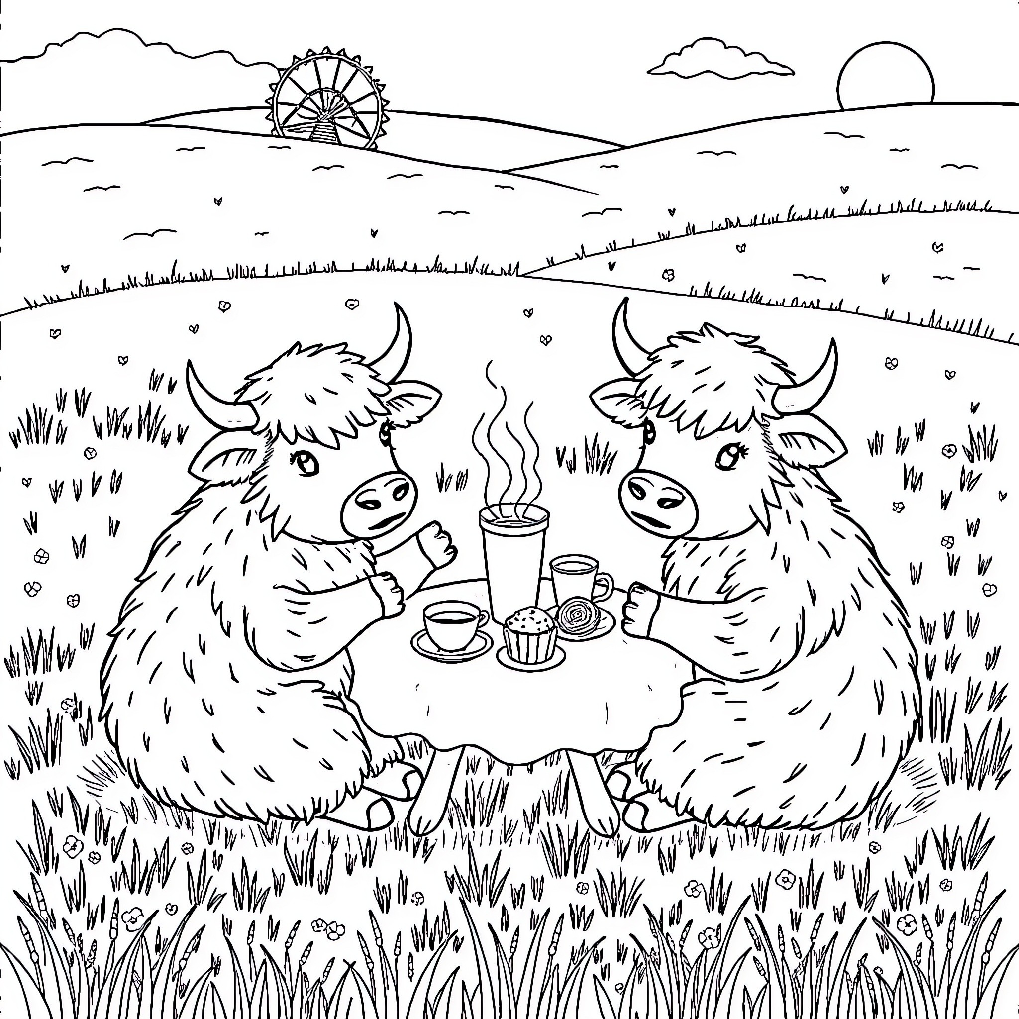 Highland Cows Enjoying a Picnic in the Countryside Coloring Page (free black-and-white line drawing printable PDF for all, from beginners to advanced learners, including children, teens, adults, and seniors)