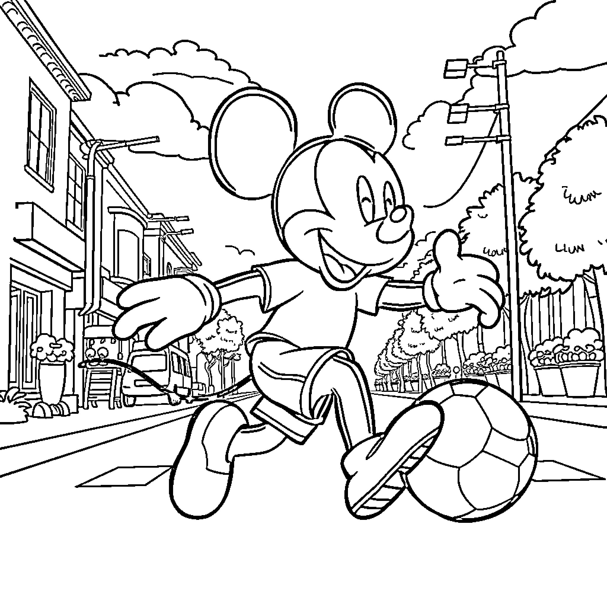 Mickey Mouse enjoying a stroll through the town Coloring Page (free black-and-white line drawing printable PDF for all, from beginners to advanced learners, including children, teens, adults, and seniors)